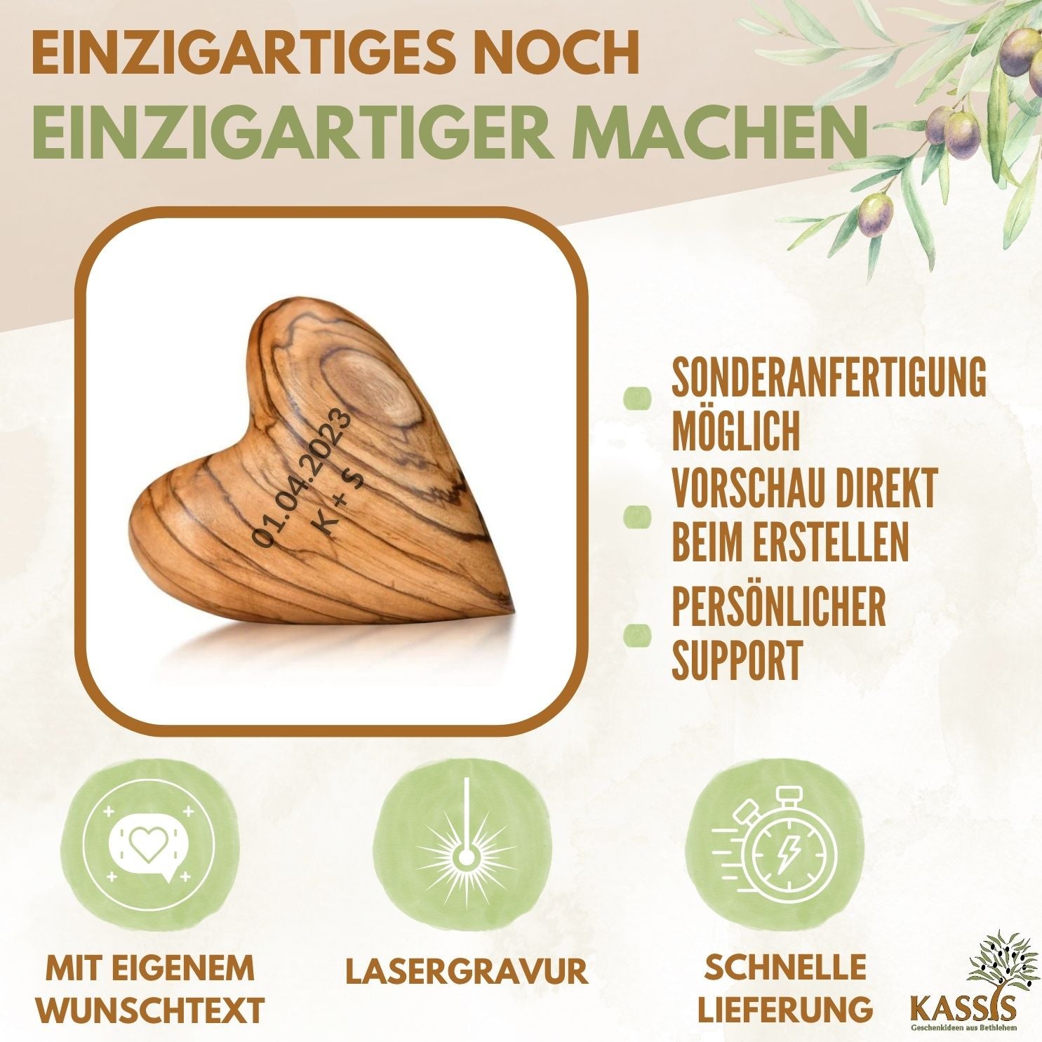 Olivenholz Herz Handschmeichler | Glücksbringer Geschenk Hochzeit, Valentinstag, Geburtstag