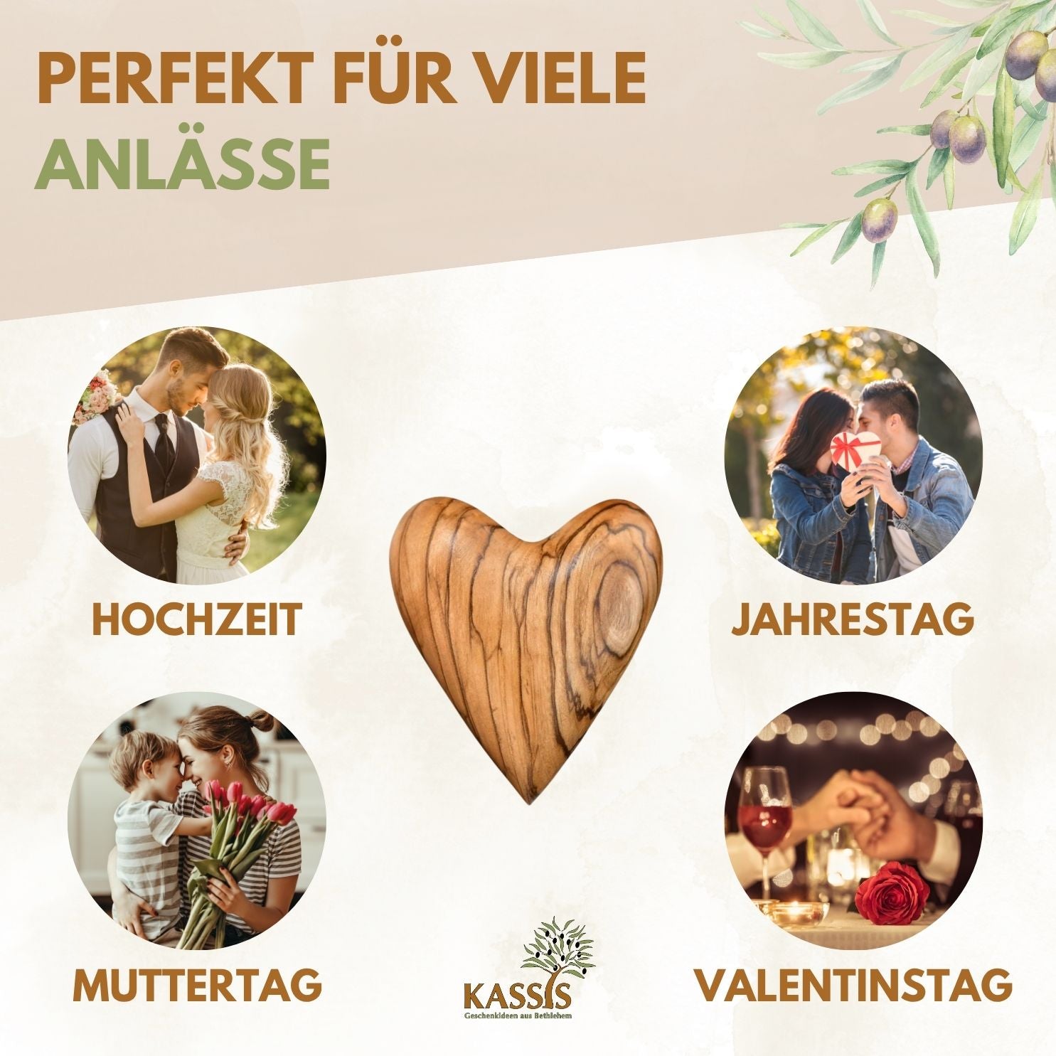 Olivenholz Herz Handschmeichler | Glücksbringer Geschenk Hochzeit, Valentinstag, Geburtstag