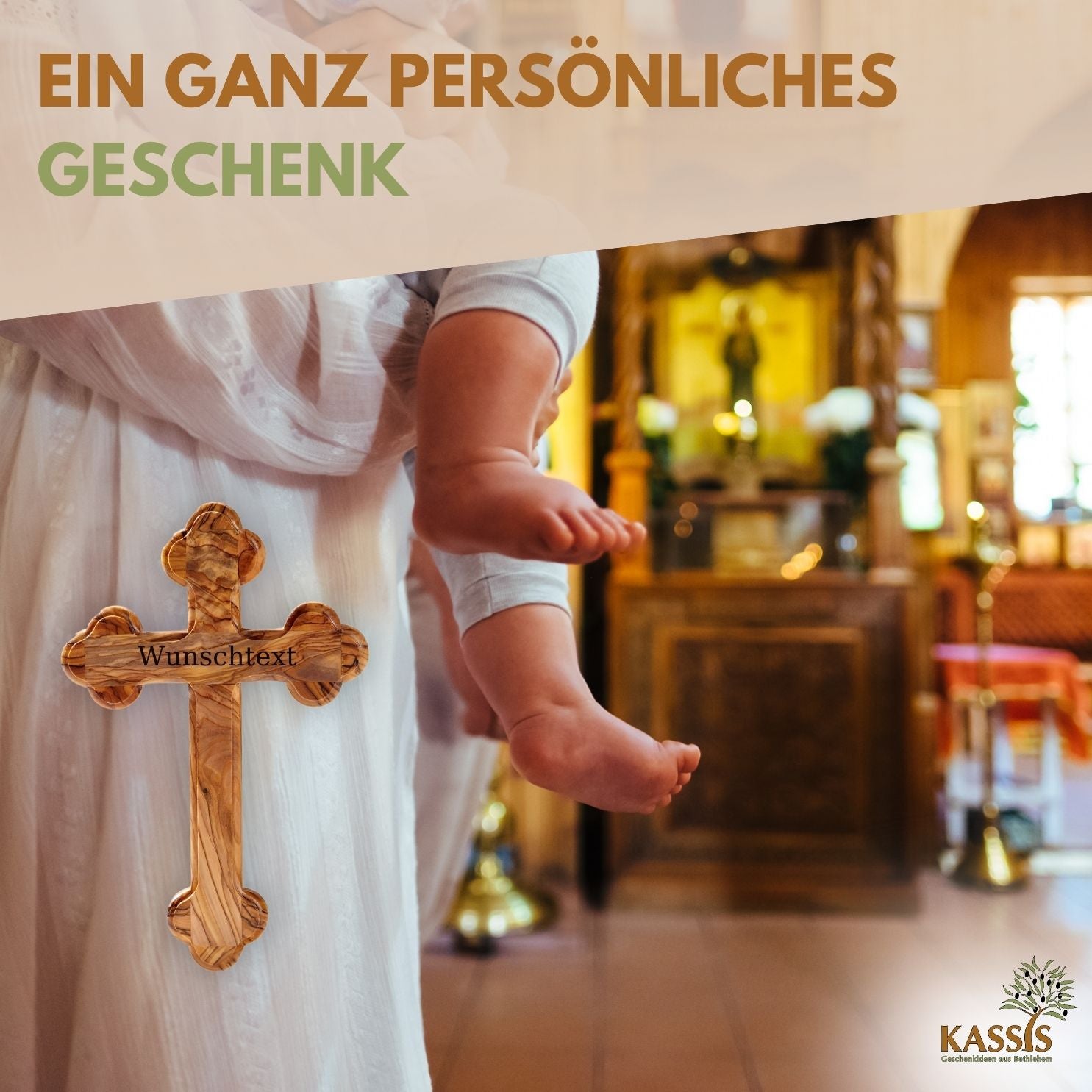 Personalisiertes Kreuz mit runden Kanten aus Olivenholz mit Gravur | Taufkreuz Geschenk Taufe, Kommunion, Firmung