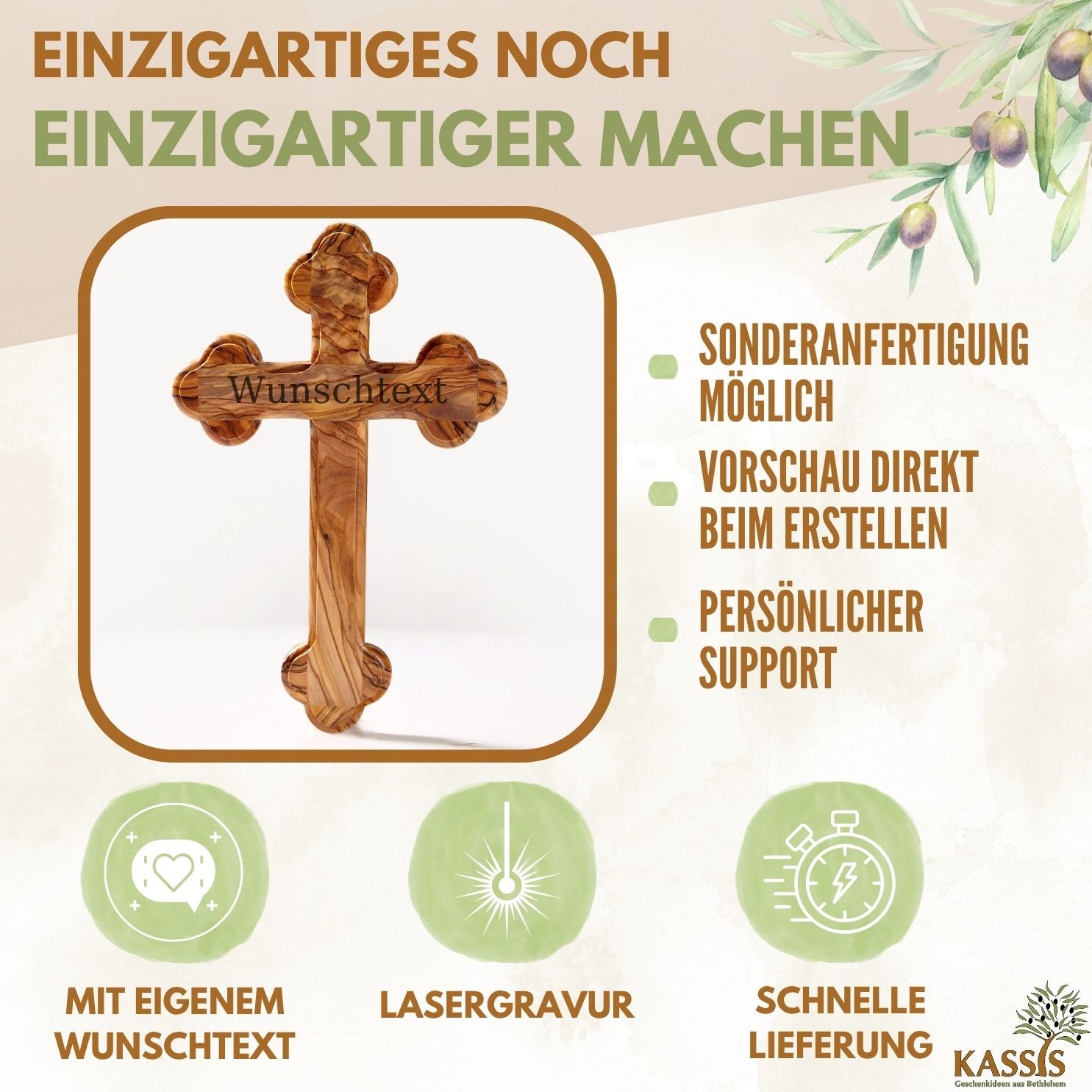 Personalisiertes Kreuz mit runden Kanten aus Olivenholz mit Gravur | Taufkreuz Geschenk Taufe, Kommunion, Firmung