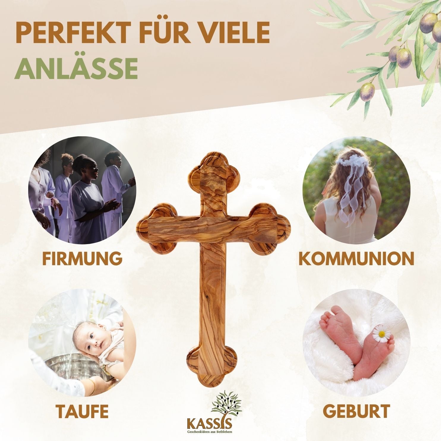 Personalisiertes Kreuz mit runden Kanten aus Olivenholz mit Gravur | Taufkreuz Geschenk Taufe, Kommunion, Firmung