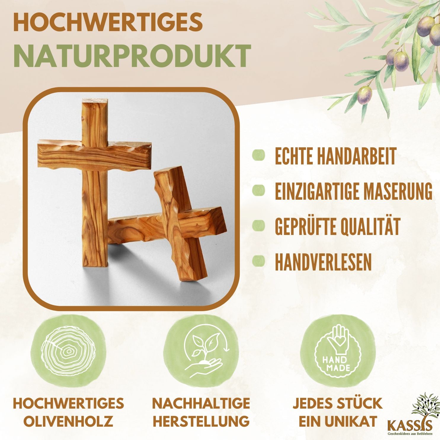 Olivenholz Kreuz gewellt | Schlichtes Wandkreuz als Geschenk zur Taufe, Kommunion oder Geburt