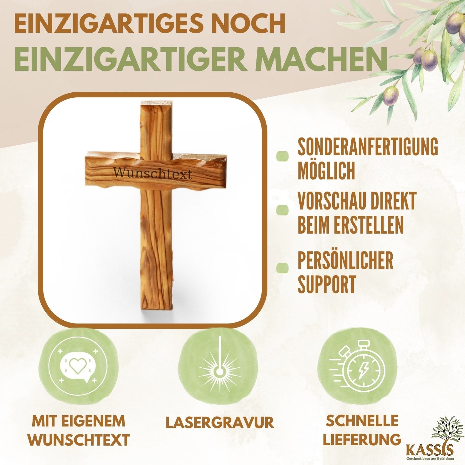 Personalisiertes Schlichtes Kreuz aus Olivenholz | Wandkreuz Geschenk Taufe, Kommunion, Firmung