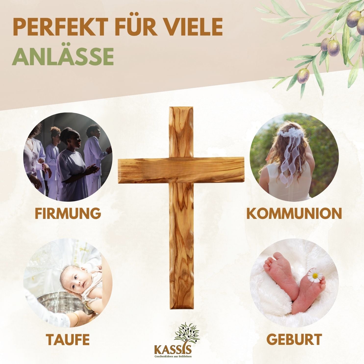 Olivenholz Kreuz gewellt | Schlichtes Wandkreuz als Geschenk zur Taufe, Kommunion oder Geburt