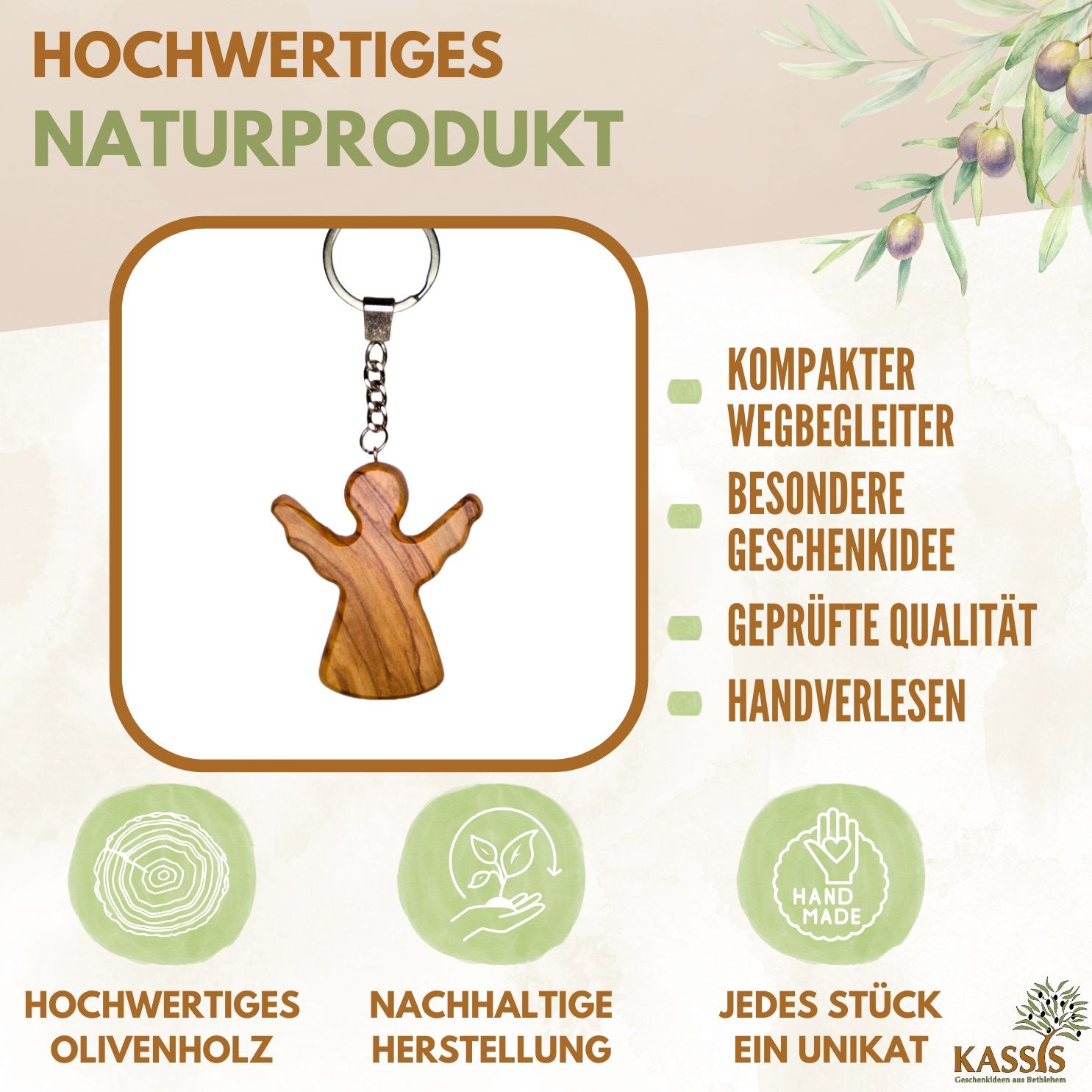 Personalisierter Schutzengel Schlüsselanhänger aus Olivenholz mit Gravur | Handschmeichler Glücksbringer Geschenk Taufe, Kommunion