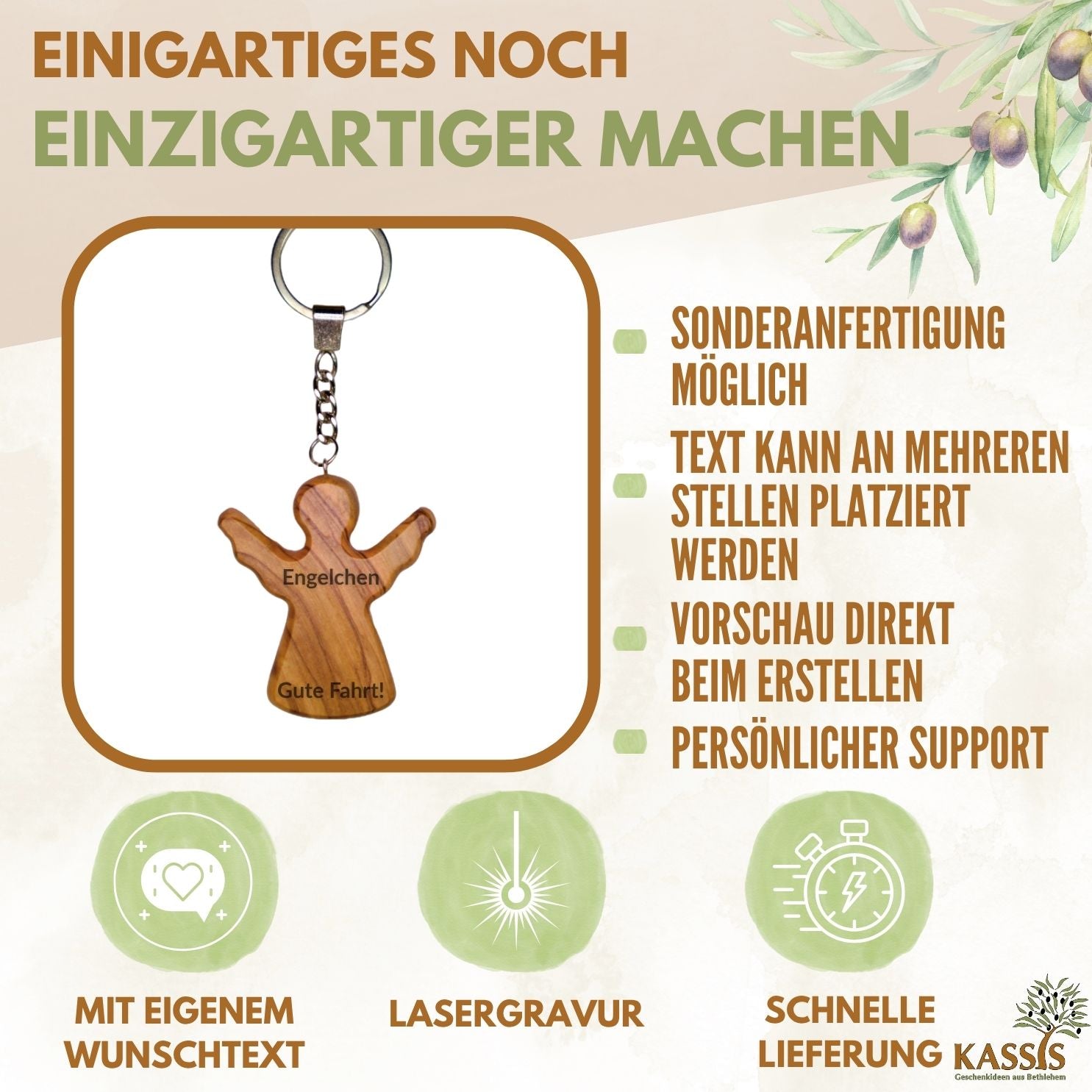 Personalisierter Schutzengel Schlüsselanhänger aus Olivenholz mit Gravur | Handschmeichler Glücksbringer Geschenk Taufe, Kommunion