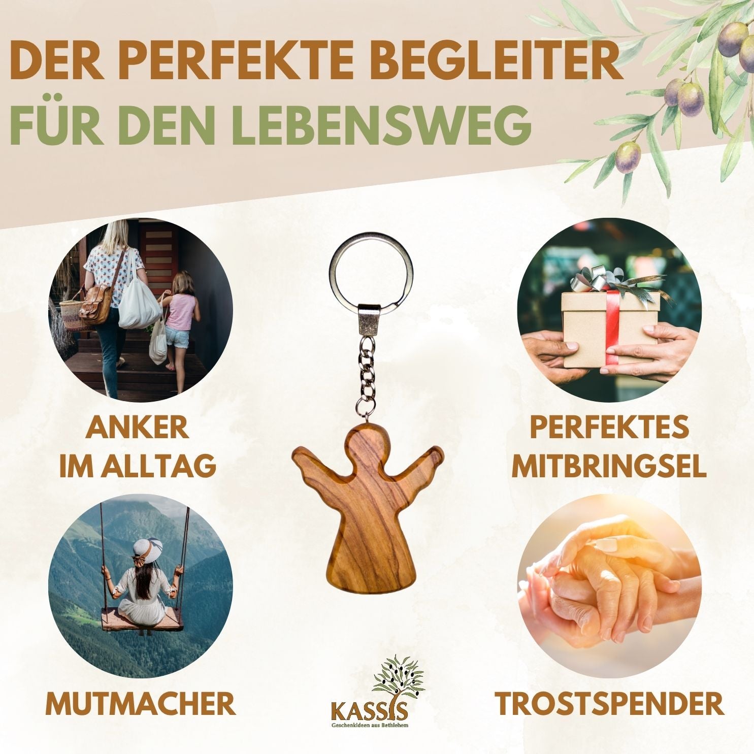 Personalisierter Schutzengel Schlüsselanhänger aus Olivenholz mit Gravur | Handschmeichler Glücksbringer Geschenk Taufe, Kommunion