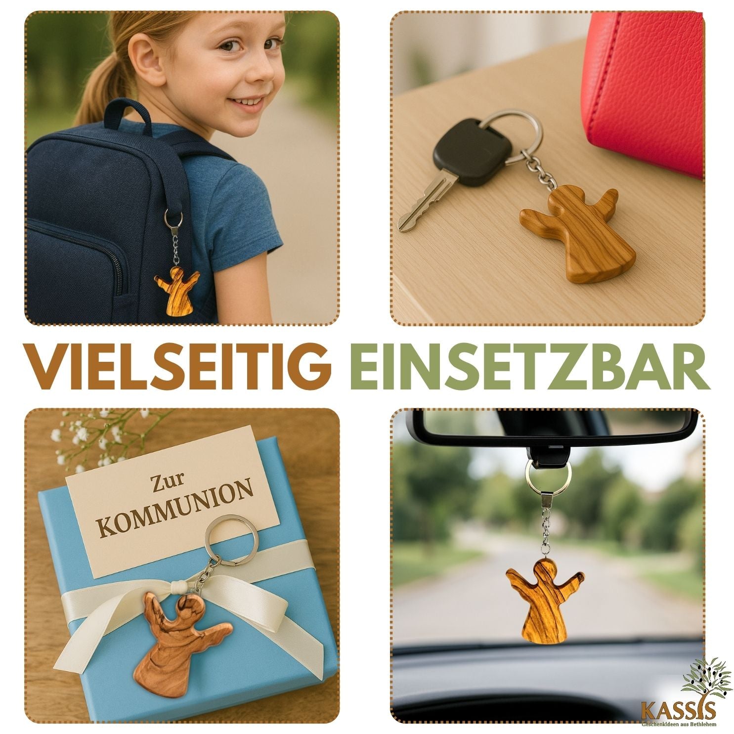 Personalisierter Schutzengel Schlüsselanhänger aus Olivenholz mit Gravur | Handschmeichler Glücksbringer Geschenk Taufe, Kommunion