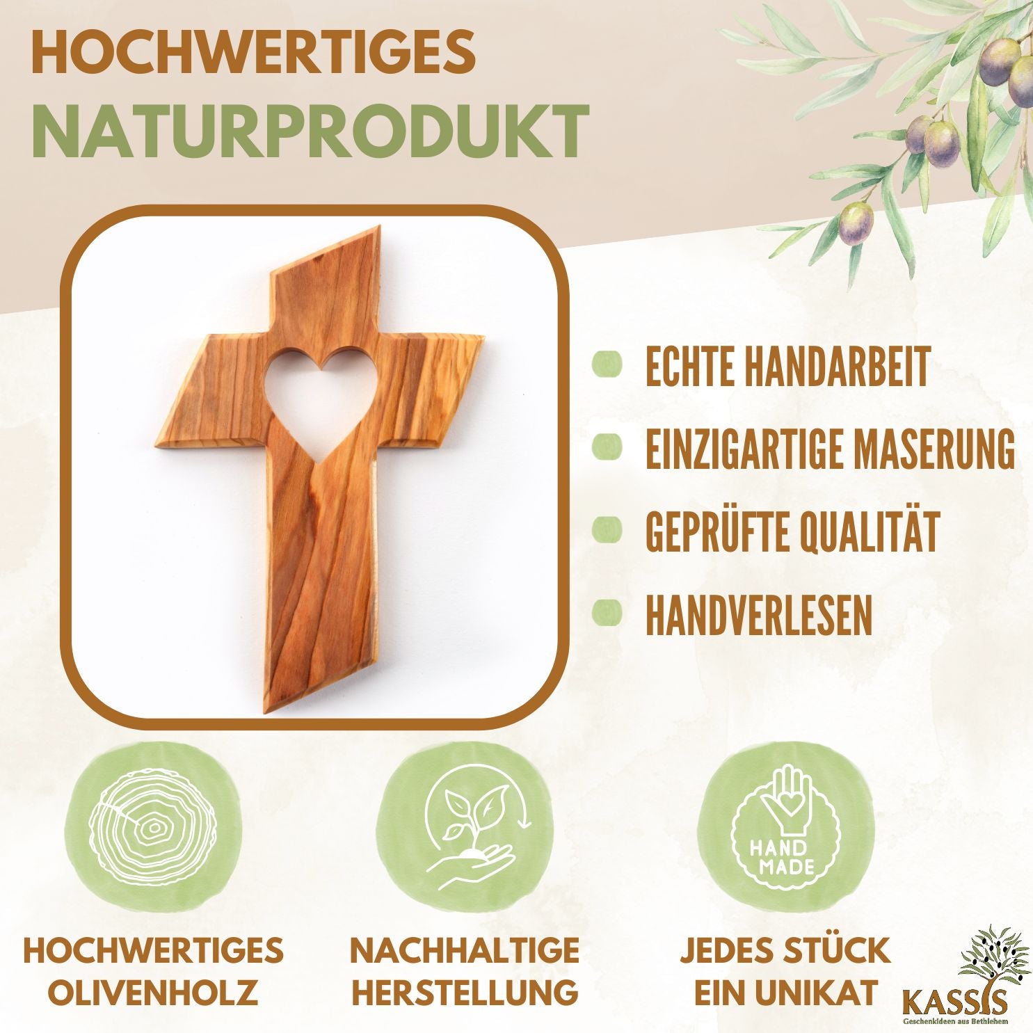 Personalisiertes Kreuz mit Herz aus Olivenholz mit Gravur | Taufkreuz Geschenk Taufe, Kommunion, Firmung