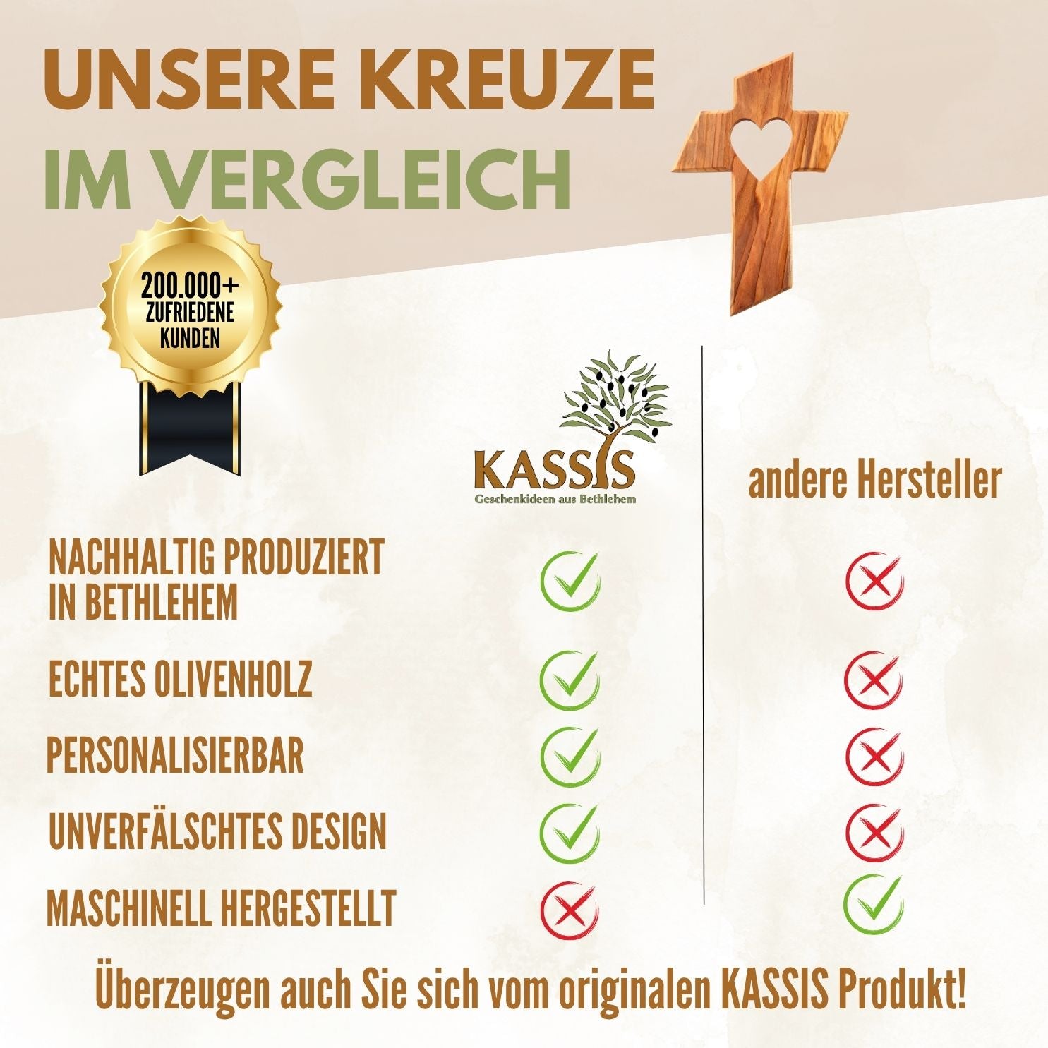 Personalisiertes Kreuz mit Herz aus Olivenholz mit Gravur | Taufkreuz Geschenk Taufe, Kommunion, Firmung