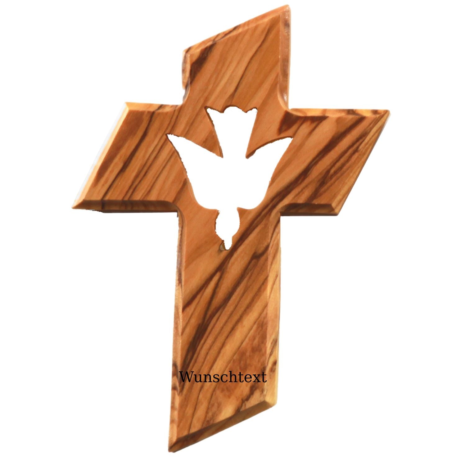 Personalisiertes Kreuz mit Heiliger Geist Taube aus Olivenholz mit Gravur | Taufkreuz Geschenk Taufe, Kommunion, Firmung
