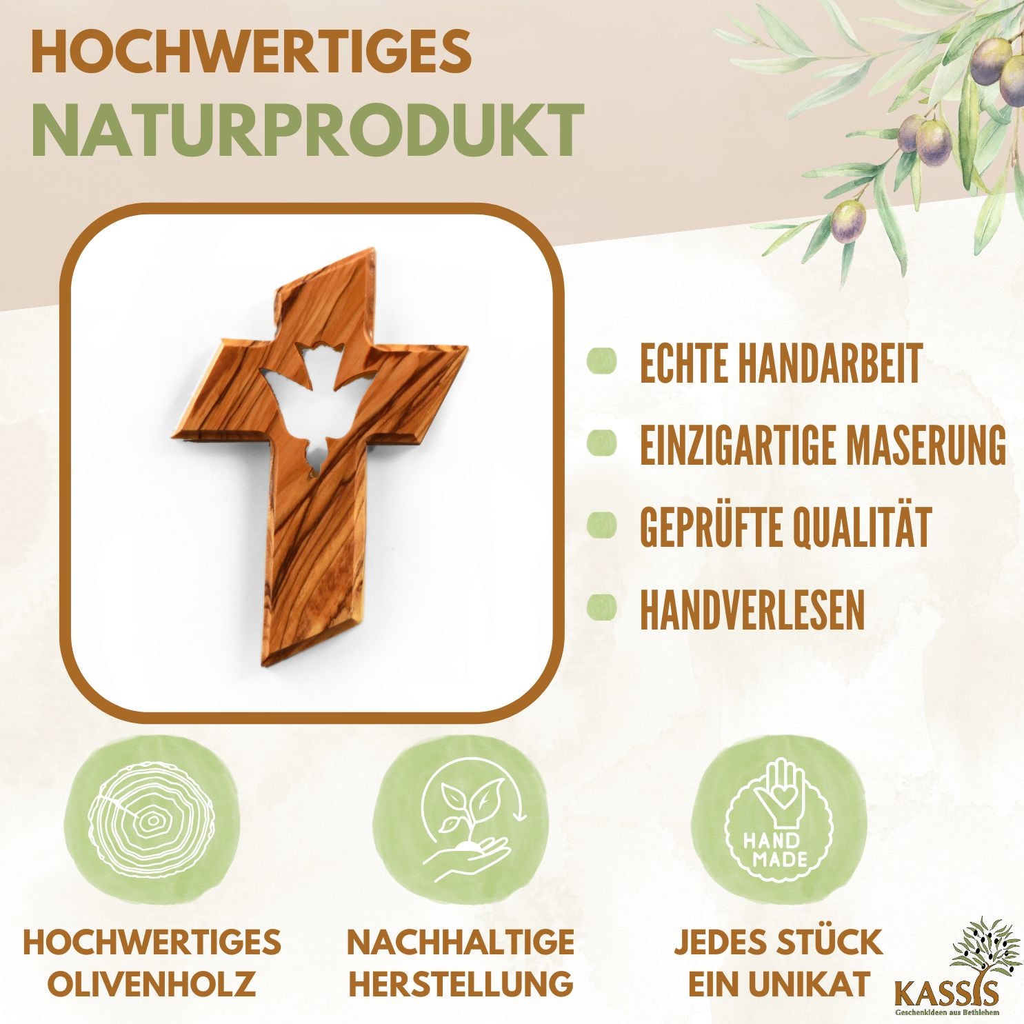 Personalisiertes Kreuz mit Heiliger Geist Taube aus Olivenholz mit Gravur | Taufkreuz Geschenk Taufe, Kommunion, Firmung