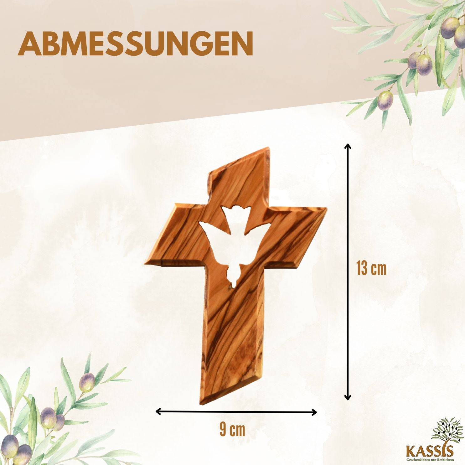 Personalisiertes Kreuz mit Heiliger Geist Taube aus Olivenholz mit Gravur | Taufkreuz Geschenk Taufe, Kommunion, Firmung
