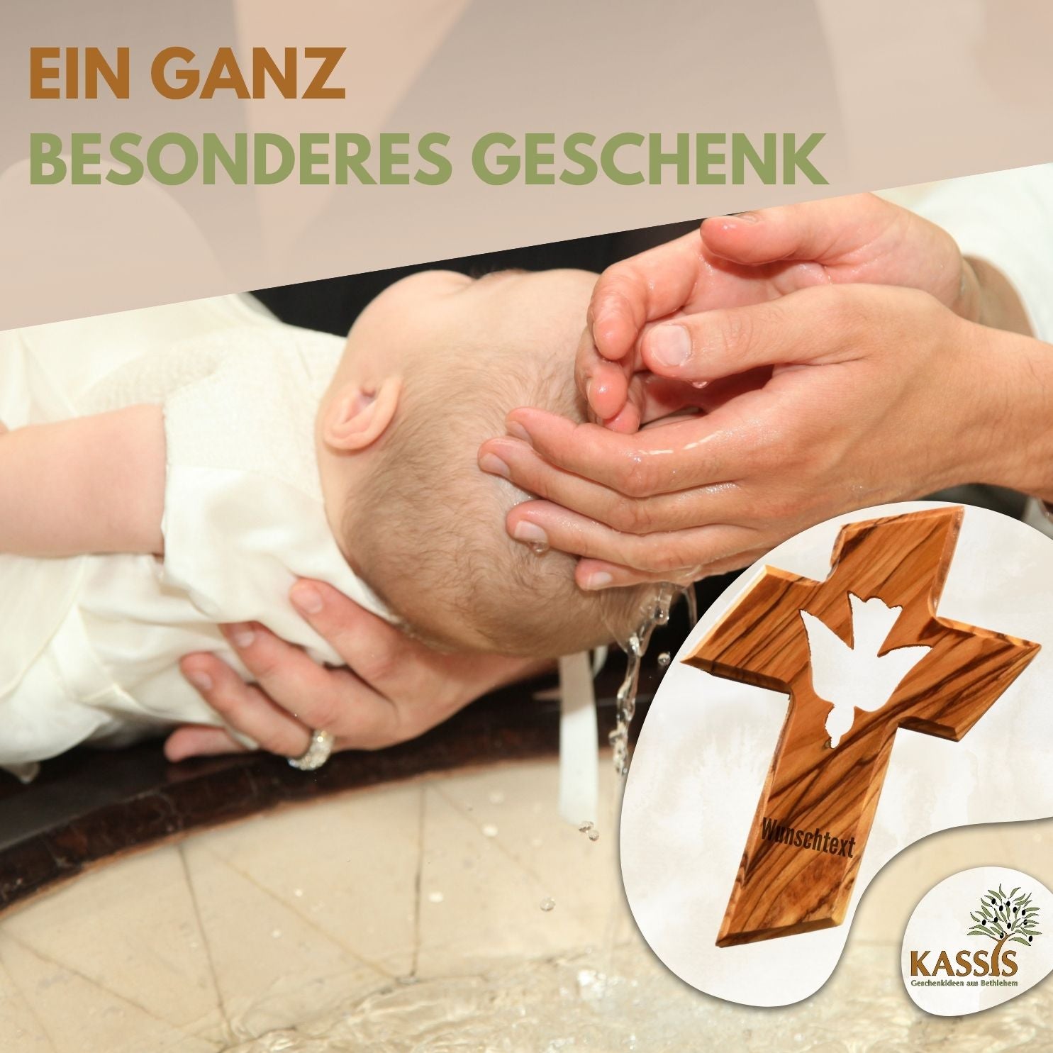 Personalisiertes Kreuz mit Heiliger Geist Taube aus Olivenholz mit Gravur | Taufkreuz Geschenk Taufe, Kommunion, Firmung