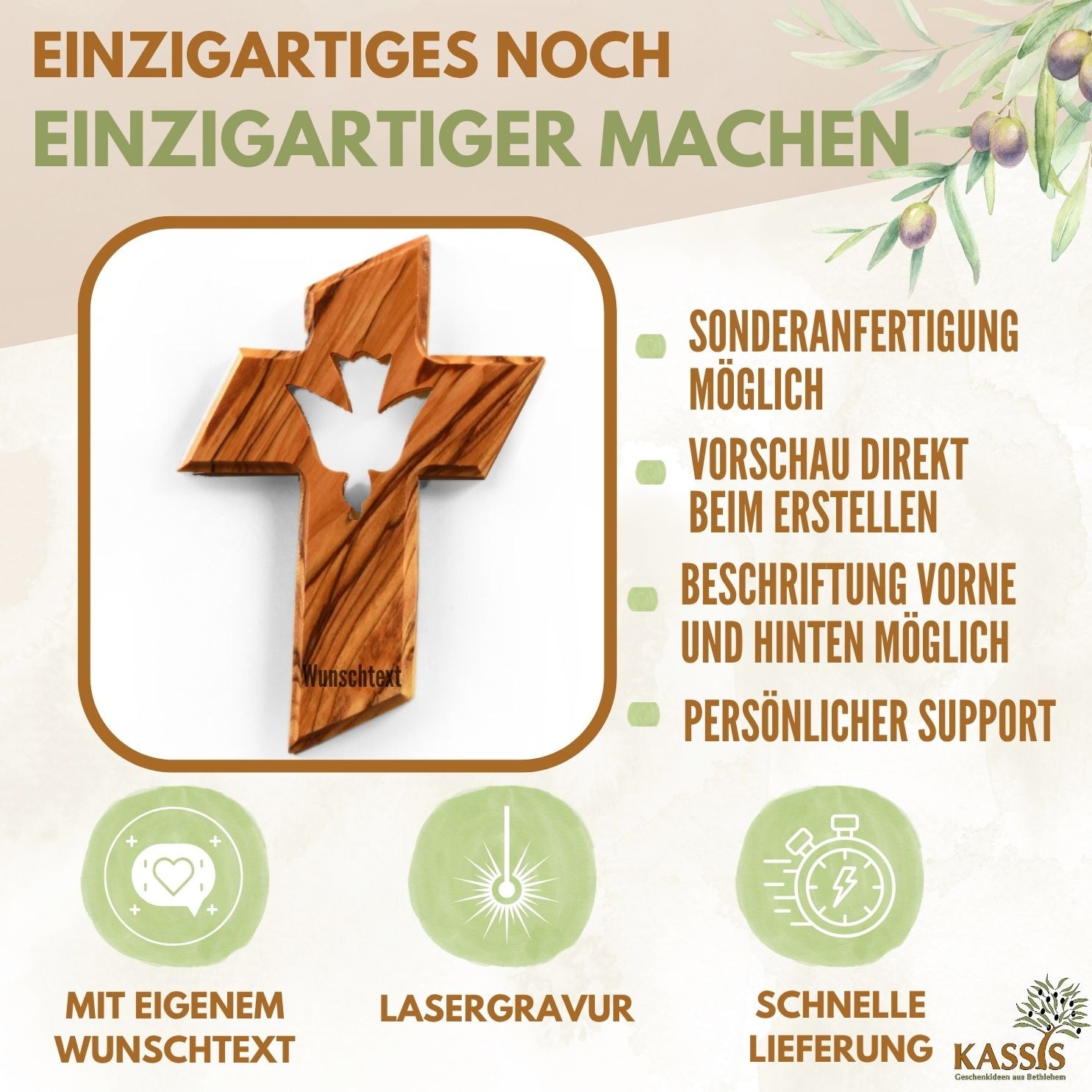 Personalisiertes Kreuz mit Heiliger Geist Taube aus Olivenholz mit Gravur | Taufkreuz Geschenk Taufe, Kommunion, Firmung
