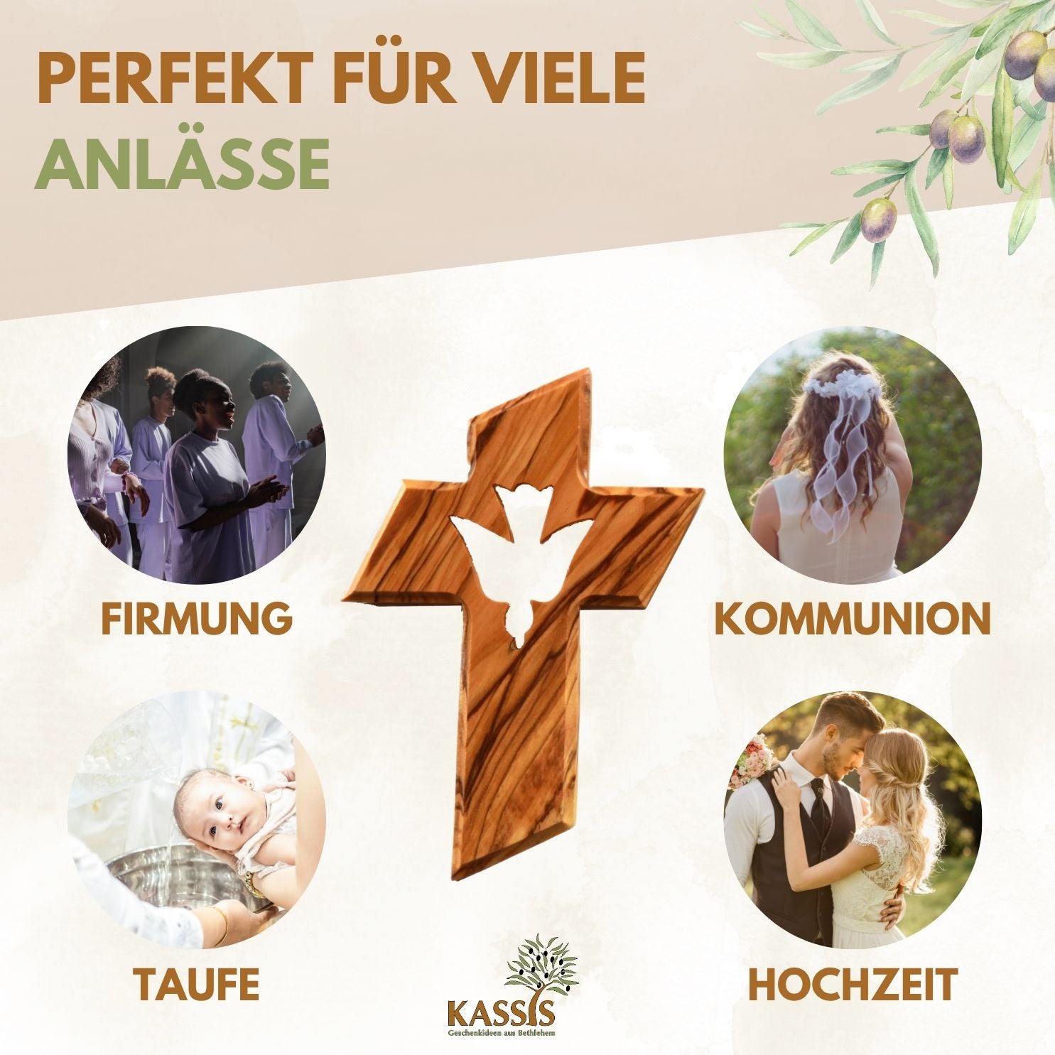 Personalisiertes Kreuz mit Heiliger Geist Taube aus Olivenholz mit Gravur | Taufkreuz Geschenk Taufe, Kommunion, Firmung