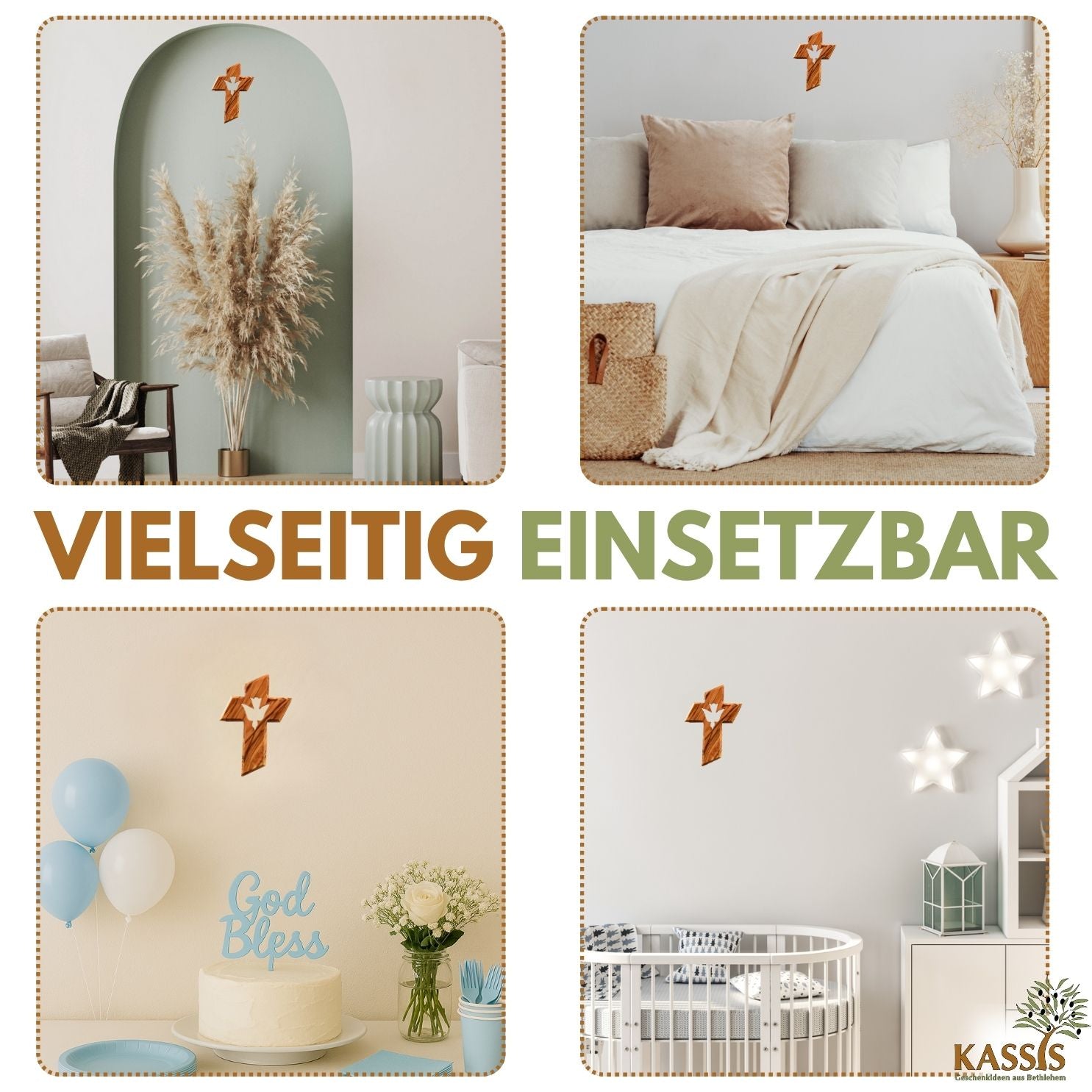 Personalisiertes Kreuz mit Heiliger Geist Taube aus Olivenholz mit Gravur | Taufkreuz Geschenk Taufe, Kommunion, Firmung