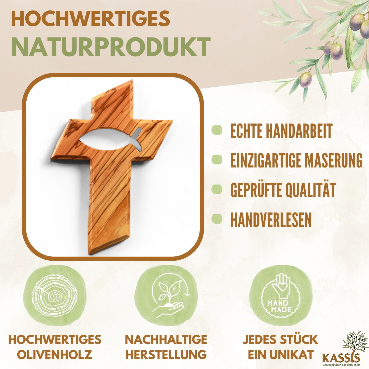 Personalisiertes Kreuz mit Fisch aus Olivenholz mit Gravur | Taufkreuz Geschenk Taufe, Kommunion, Firmung