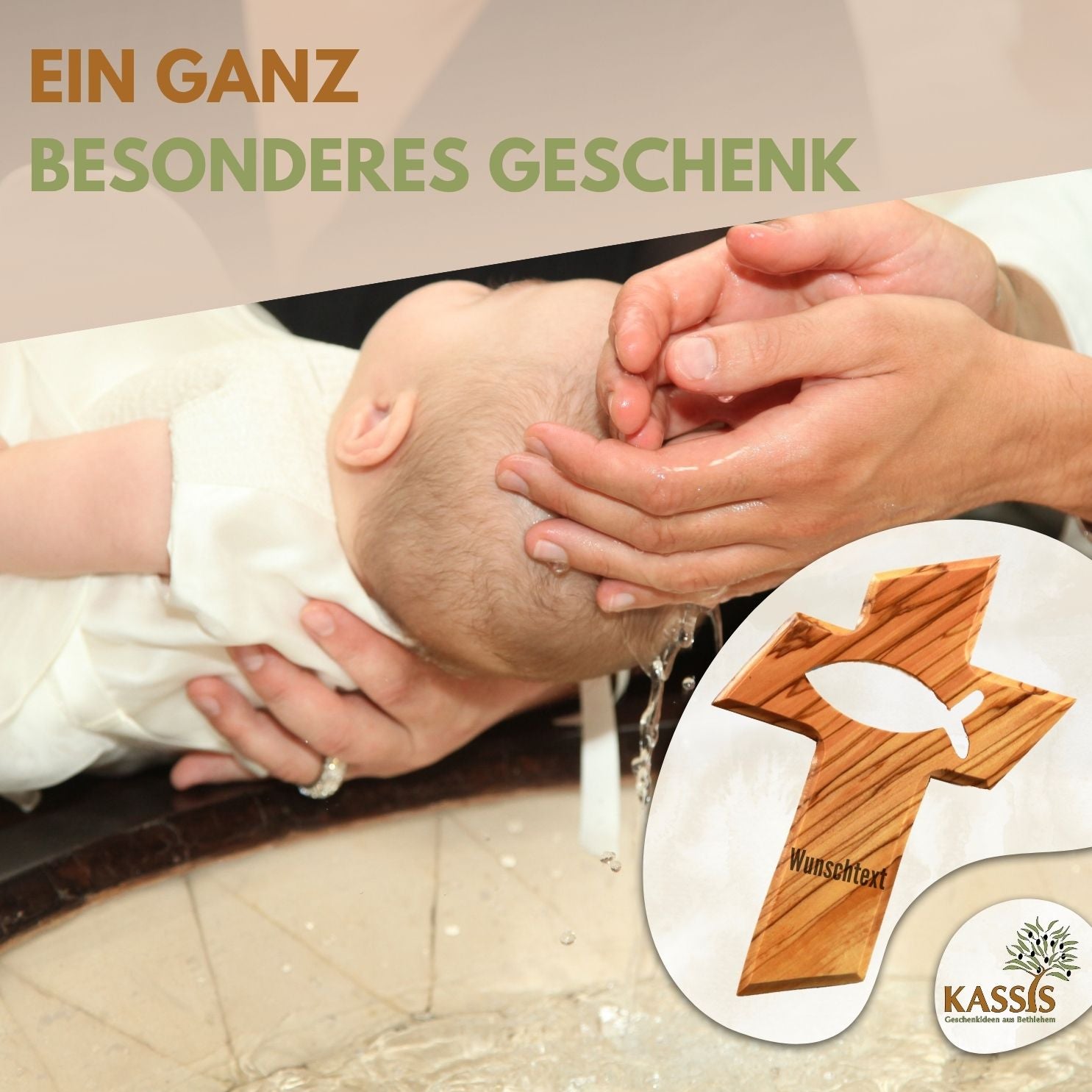Personalisiertes Kreuz mit Fisch aus Olivenholz mit Gravur | Taufkreuz Geschenk Taufe, Kommunion, Firmung