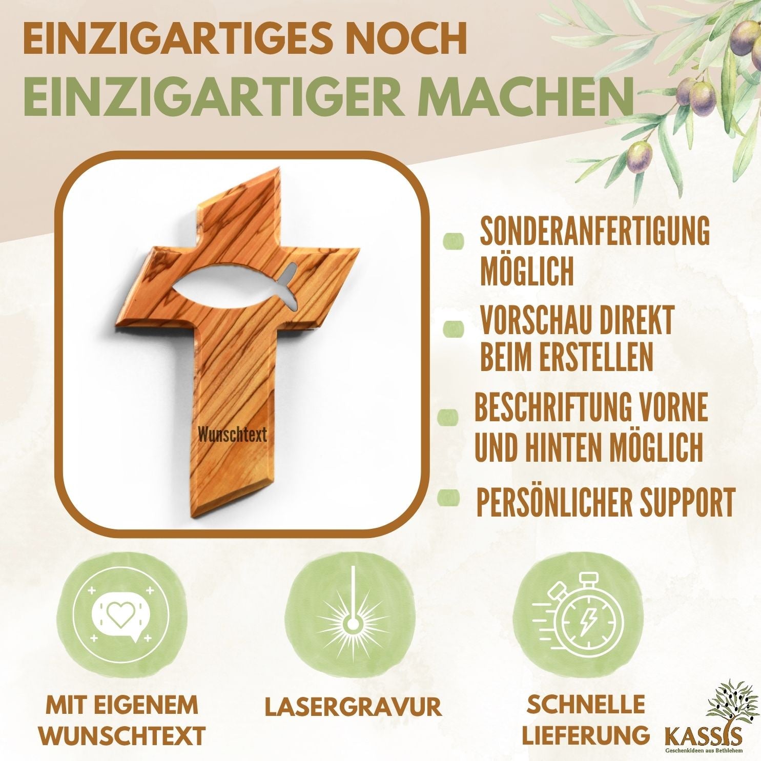 Personalisiertes Kreuz mit Fisch aus Olivenholz mit Gravur | Taufkreuz Geschenk Taufe, Kommunion, Firmung