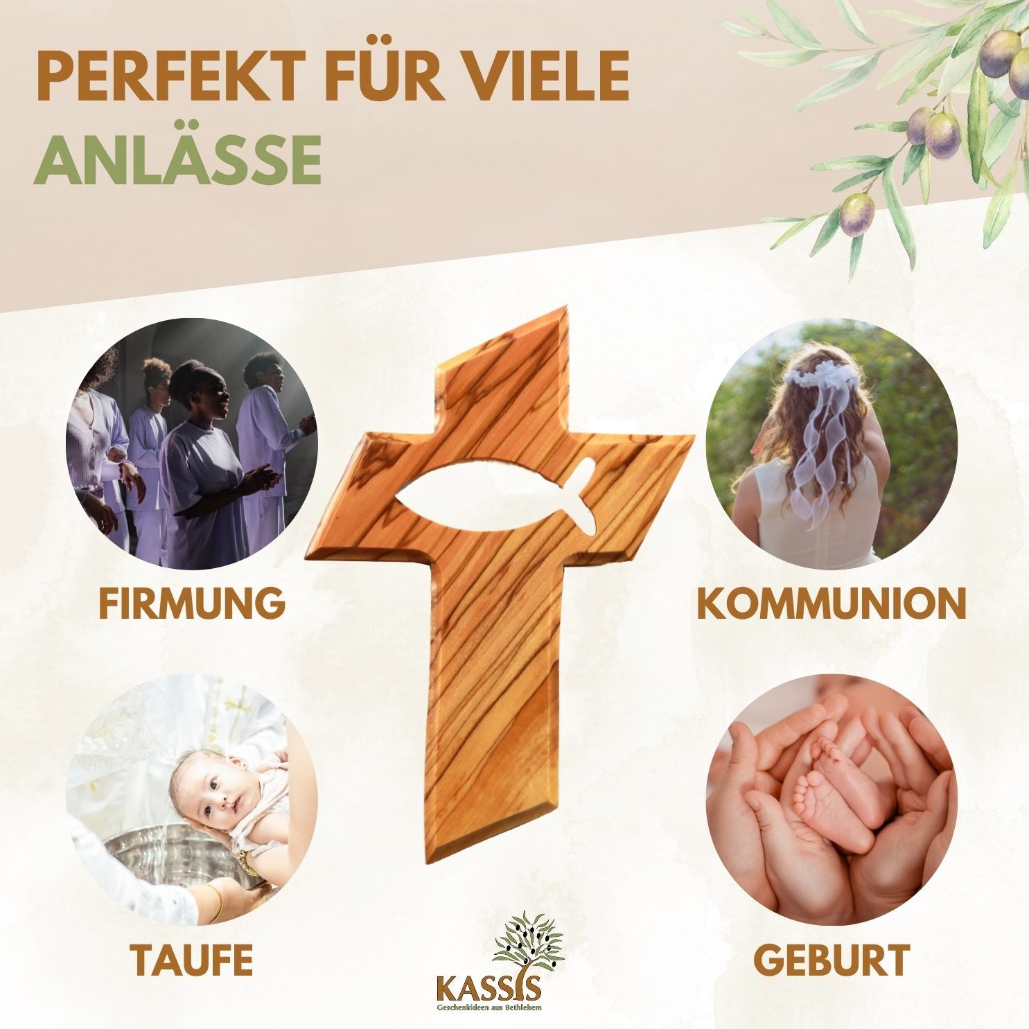 Personalisiertes Kreuz mit Fisch aus Olivenholz mit Gravur | Taufkreuz Geschenk Taufe, Kommunion, Firmung