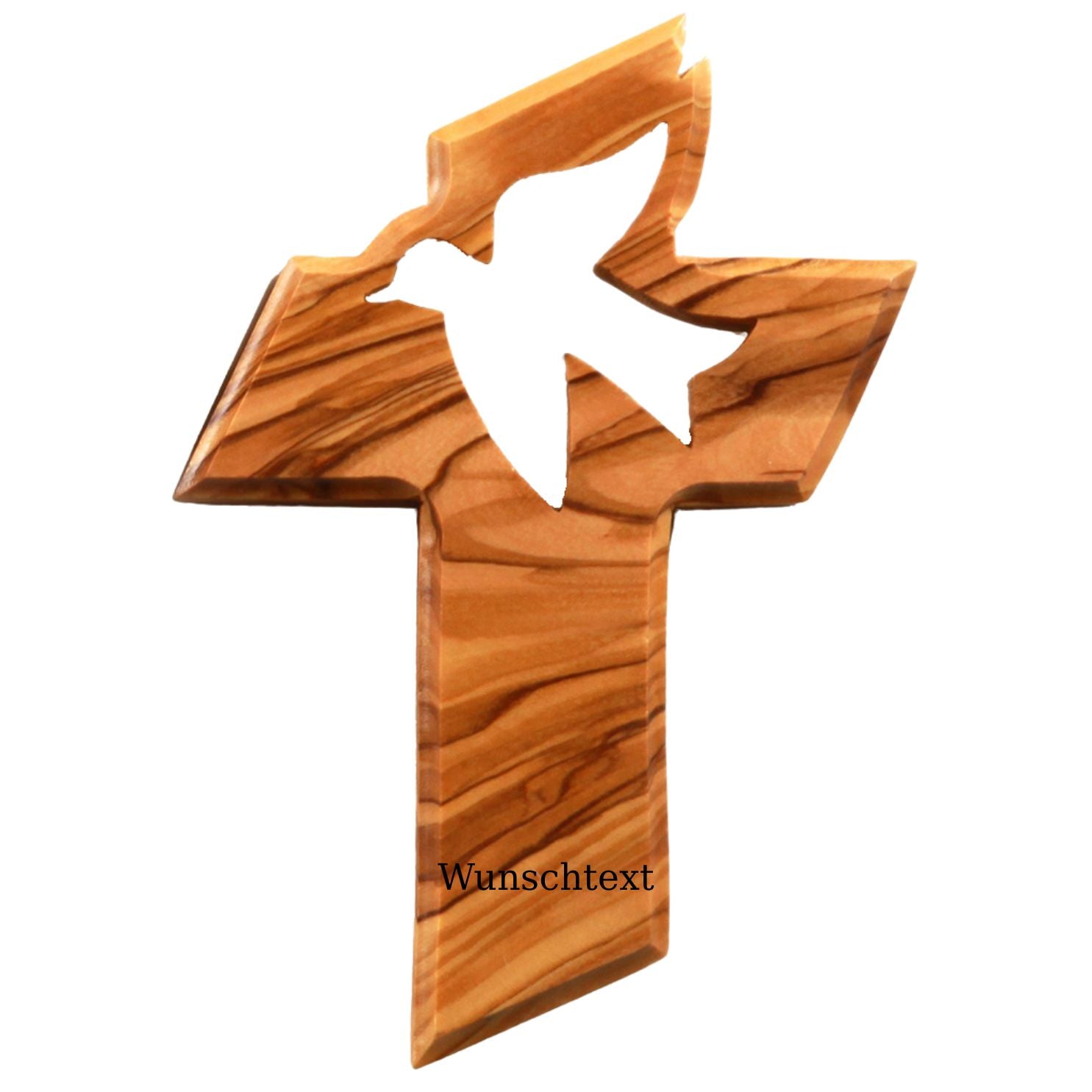 Das Personalisiertes Kreuz mit Friedenstaube – handgefertigt aus Olivenholz – zeigt eine fliegende Taube im Zentrum. “Wunschtext” am Sockel macht es zum besonderen Taufgeschenk.