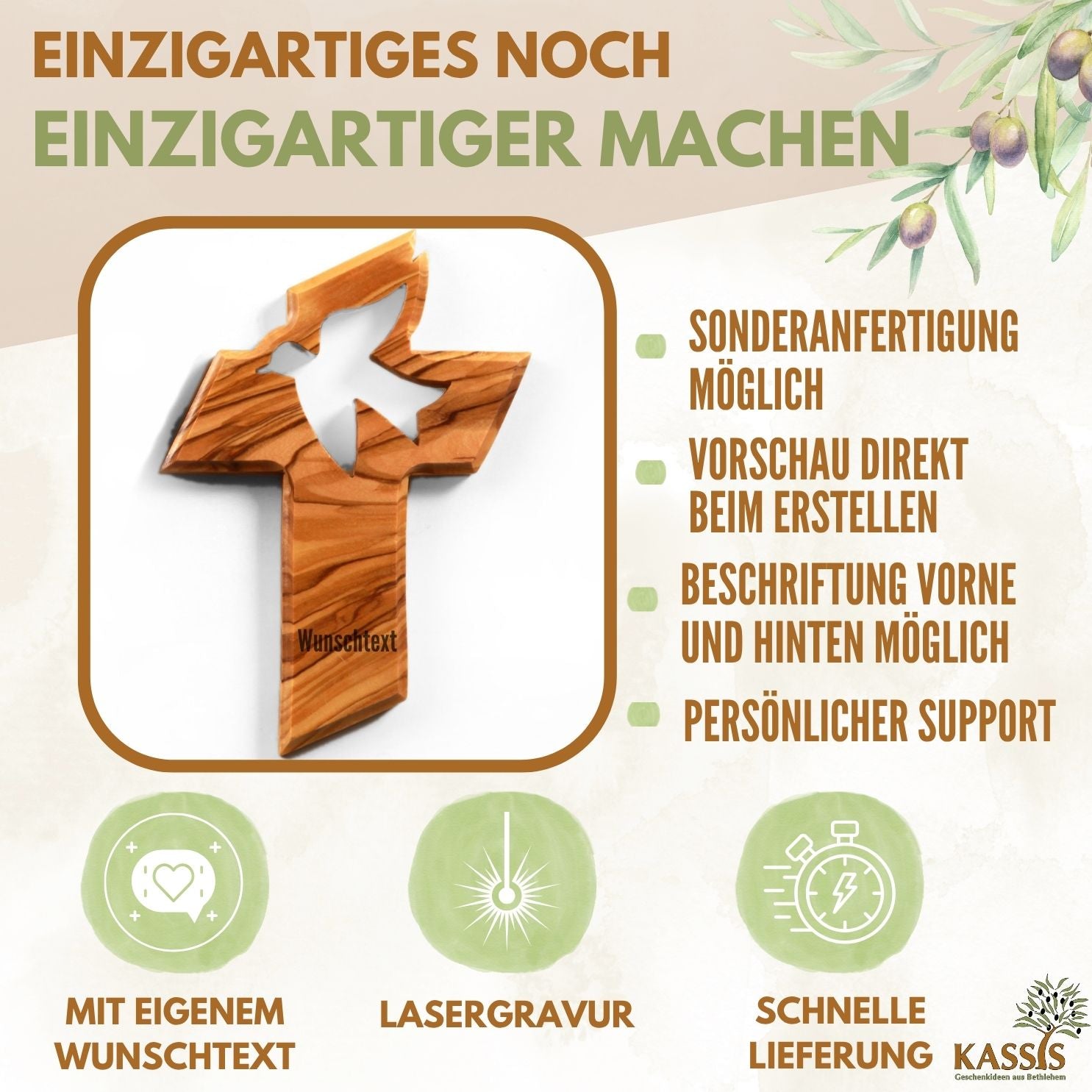 Das personalisierte Kreuz mit Friedenstaube aus handgefertigtem Olivenholz ist ein ideales Taufgeschenk. Wähle Gravur vorne/hinten, persönliche Beratung, Vorabansicht und schnellen Versand. Icons zeigen individuelle Gestaltung & Lasergravur.