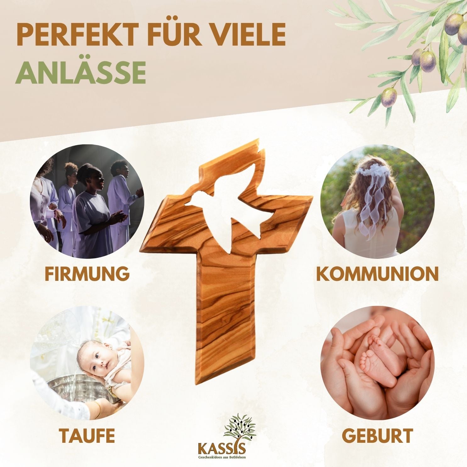 A graphic shows das personalisierte Kreuz mit Friedenstaube aus handgefertigtem Olivenholz in der Mitte, umgeben von Fotos zu Firmung, Kommunion, Taufe und Geburt. Text: Perfekt als Taufgeschenk für viele Anlässe.