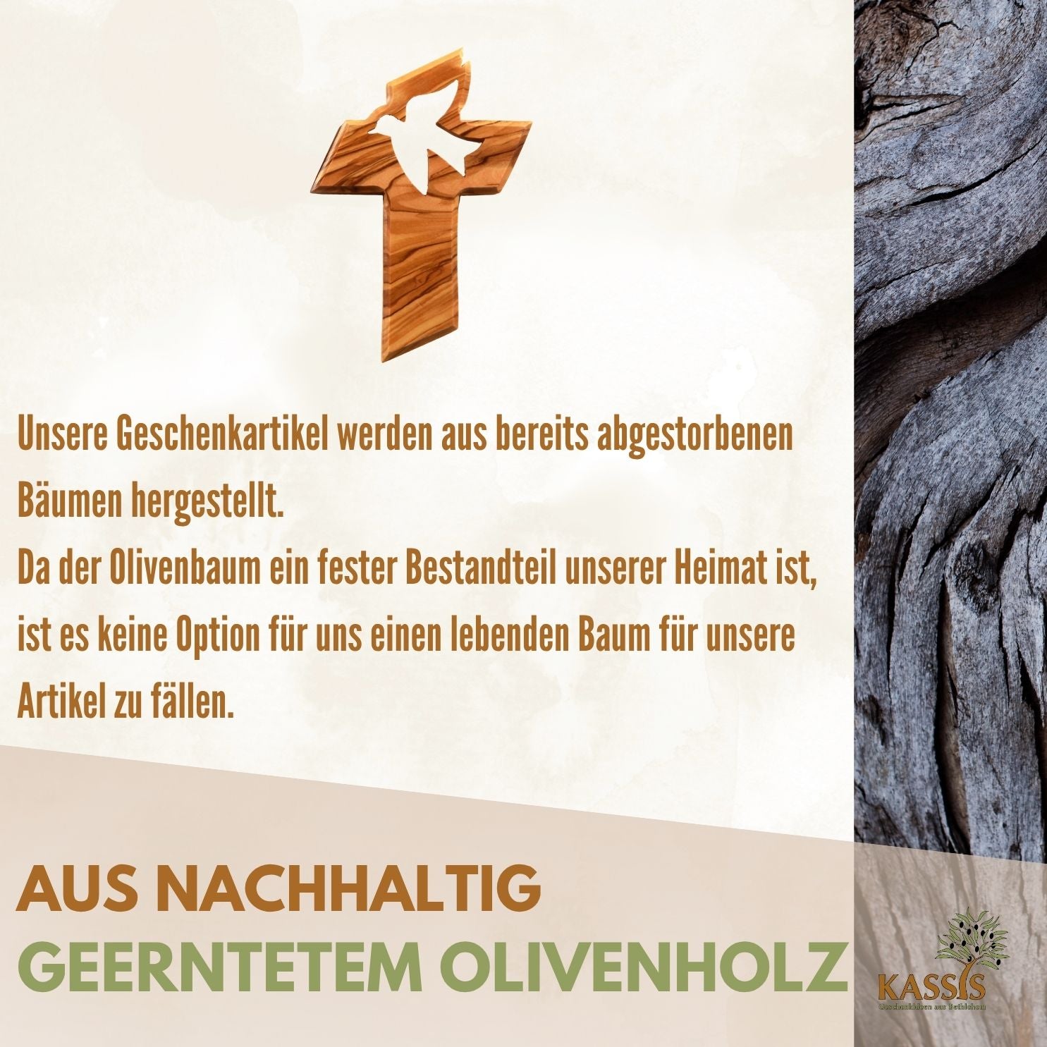 A text graphic shows a personalisiertes Kreuz mit Friedenstaube, handgefertigt in Bethlehem aus nachhaltig geerntetem Olivenholz—es werden nur bereits abgestorbene Bäume verwendet. Kassis-Logo unten rechts.
