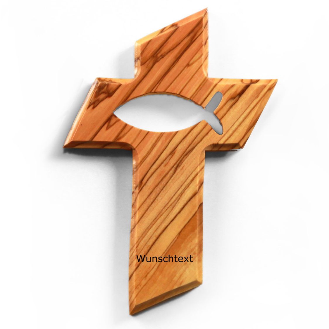 Personalisiertes Kreuz mit Fisch aus Olivenholz mit Gravur | Taufkreuz Geschenk Taufe, Kommunion, Firmung