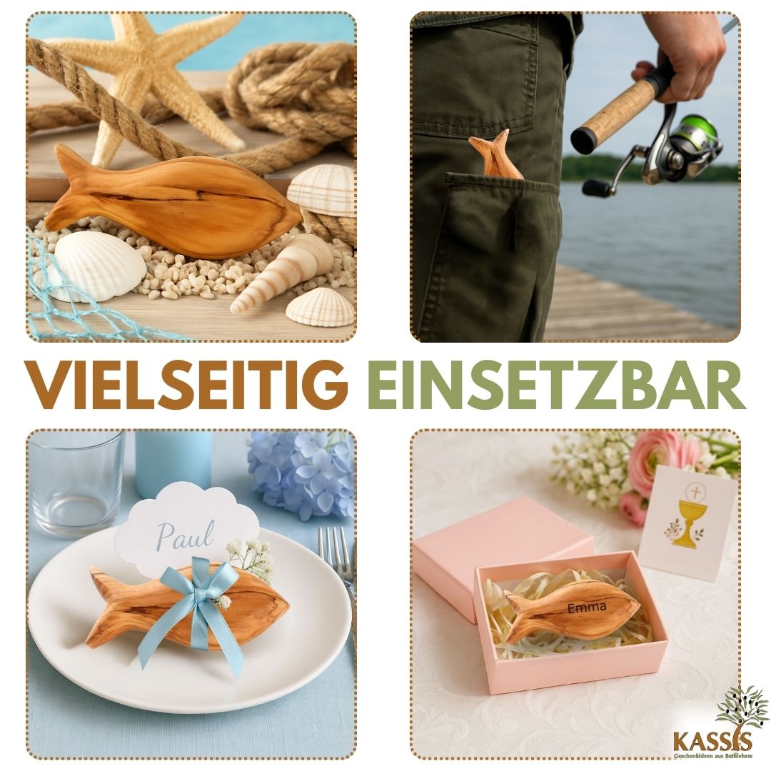 Fisch Handschmeichler aus Olivenholz | Kleiner Glücksbringer als Geschenk zur Taufe, Kommunion & Geburt