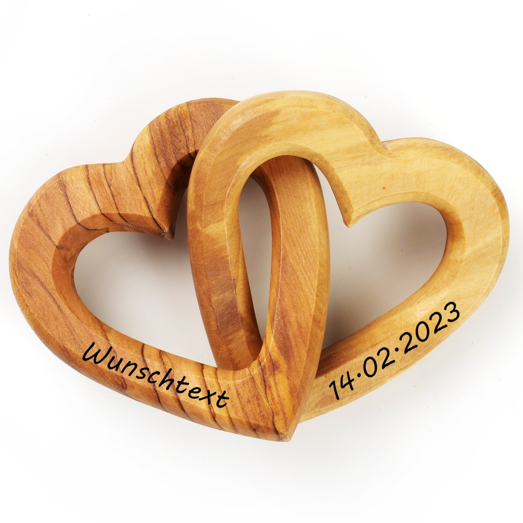 Personalisierte verbundene Herzen aus Olivenholz 7,5 cm mit Gravur | Geschenk zur Hochzeit, Valentinstag, Jubiläum