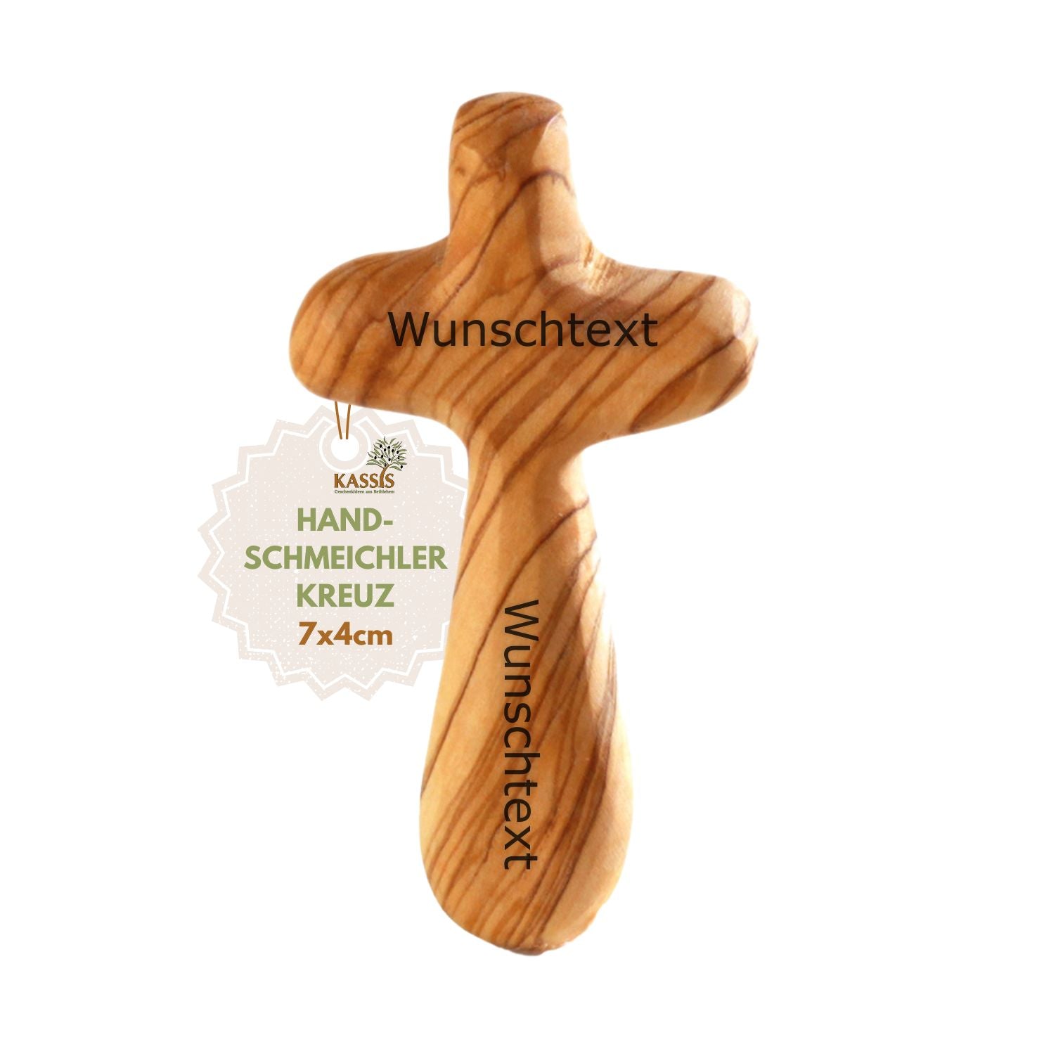 Personalisierter Kreuz Handschmeichler aus Olivenholz mit Gravur | Kleines Handkreuz als Geschenk zur Taufe & Kommunion