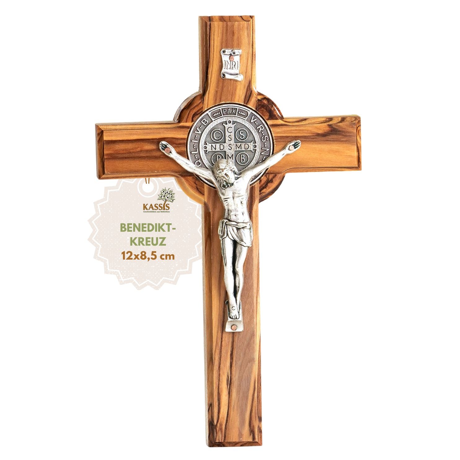 St. Benedikt Kreuz aus Olivenholz | Schutzkreuz als Wandkreuz & Geschenk zur Taufe, Kommunion oder Firmung