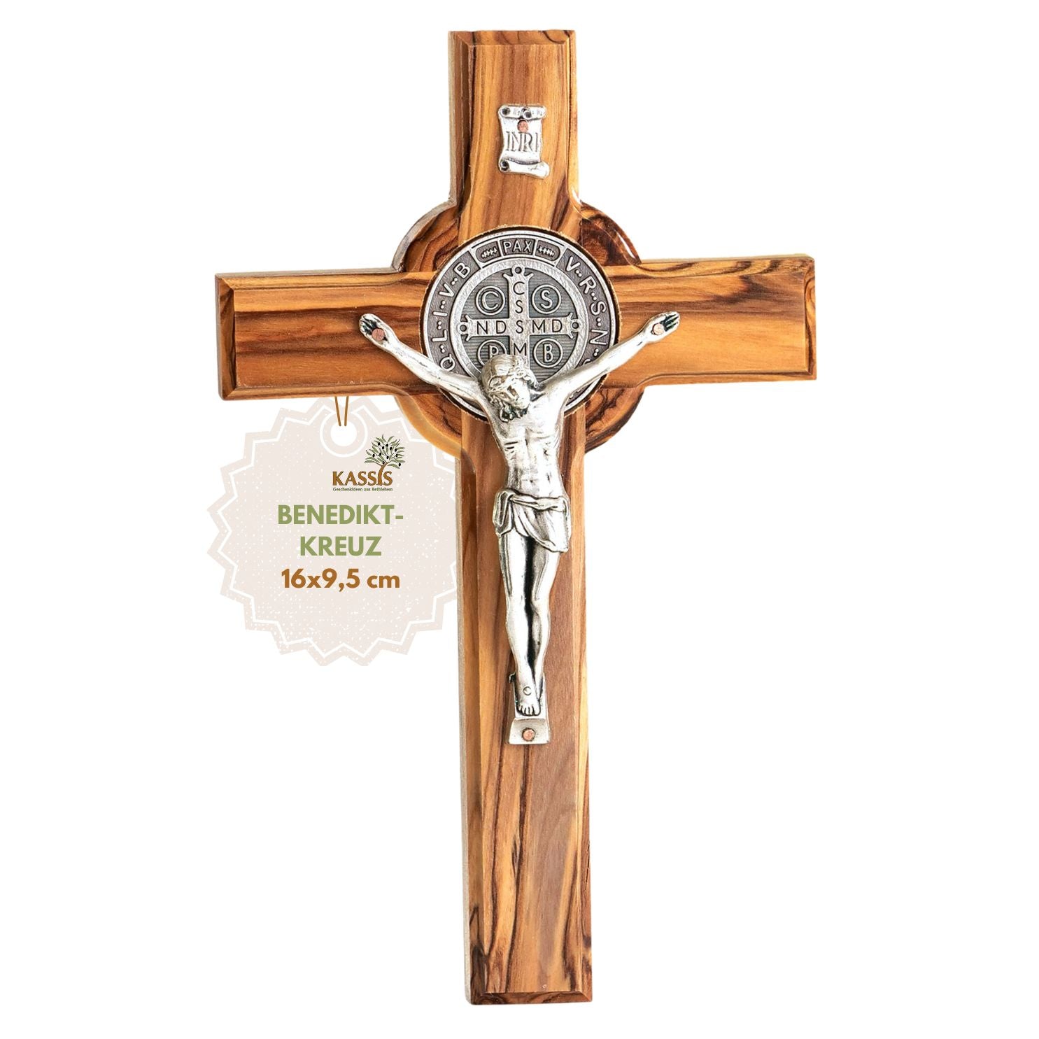 St. Benedikt Kreuz aus Olivenholz | Schutzkreuz als Wandkreuz & Geschenk zur Taufe, Kommunion oder Firmung