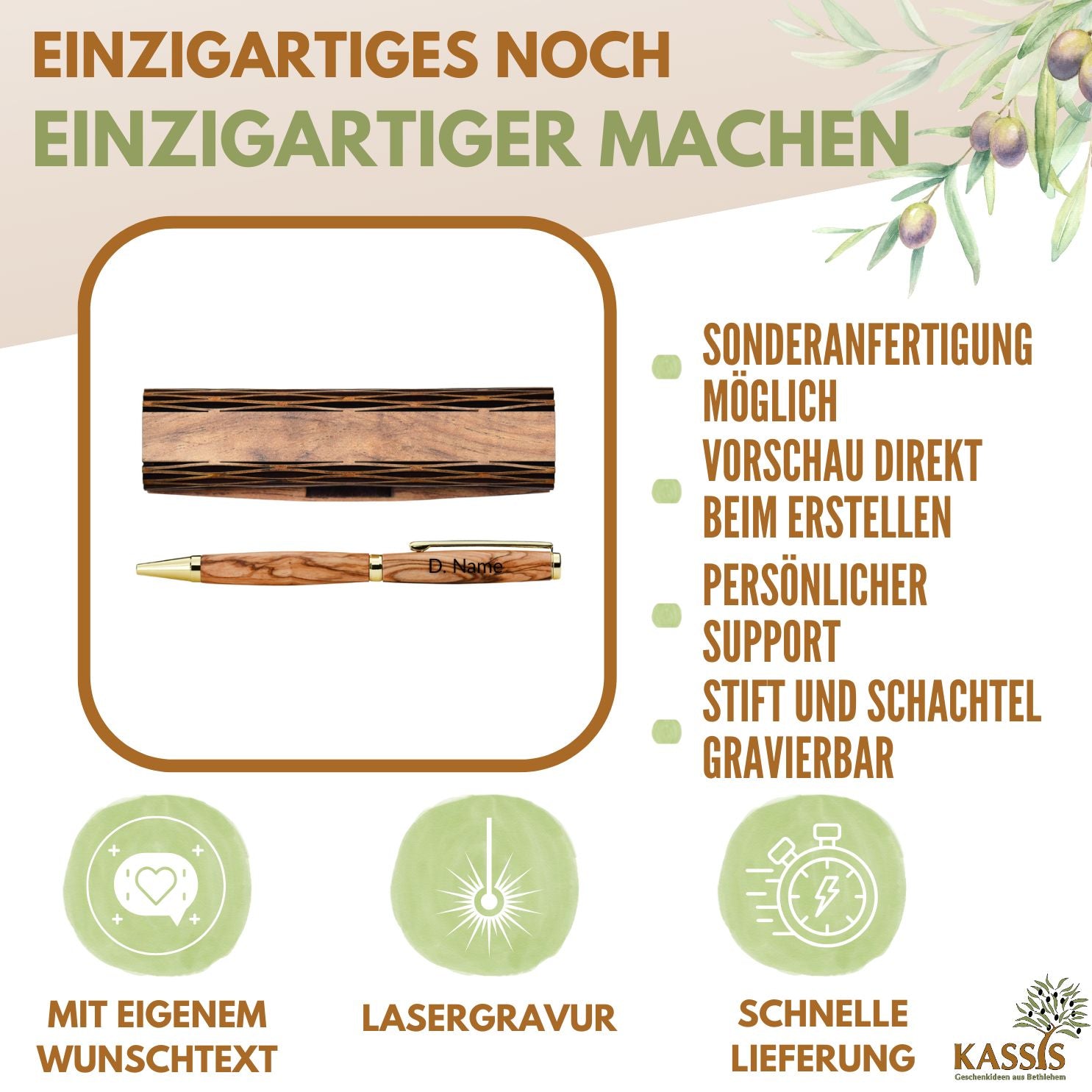 Kugelschreiber aus Olivenholz in Holzschachtel mit Gravur „Alles Gute“ | Edles Geschenk für Geburtstag, Abschluss & Jubiläum