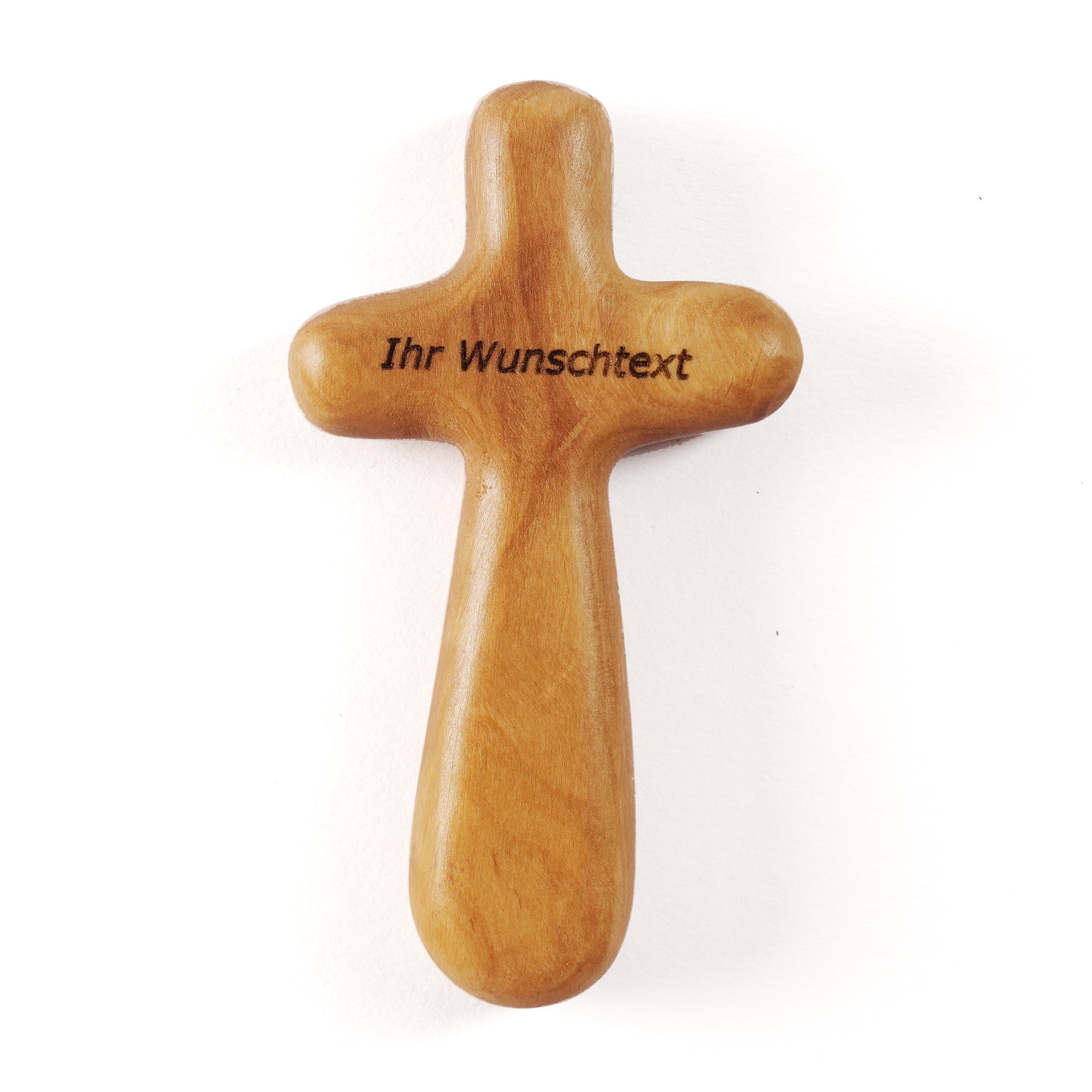 Personalisierter Kreuz Handschmeichler aus Olivenholz mit Gravur | Kleines Handkreuz als Geschenk zur Taufe & Kommunion