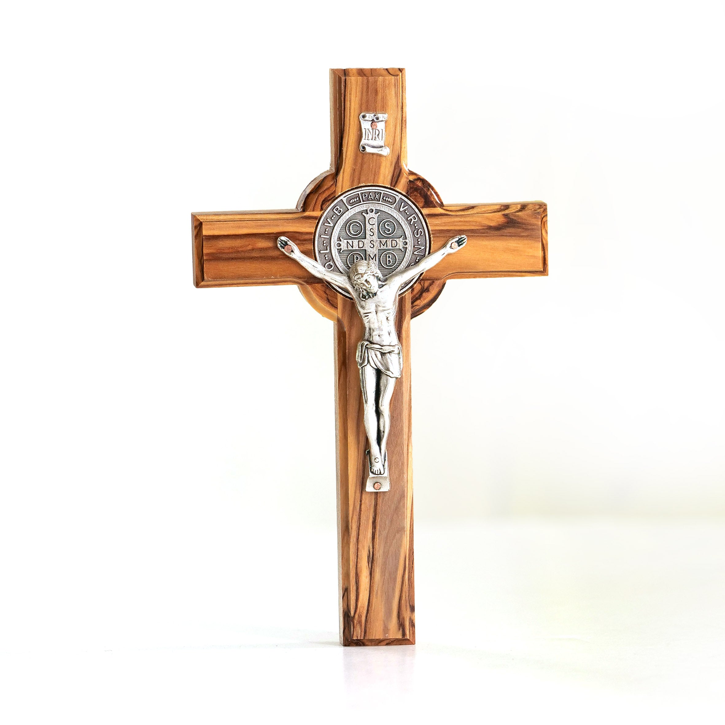St. Benedikt Kreuz aus Olivenholz | Schutzkreuz als Wandkreuz & Geschenk zur Taufe, Kommunion oder Firmung