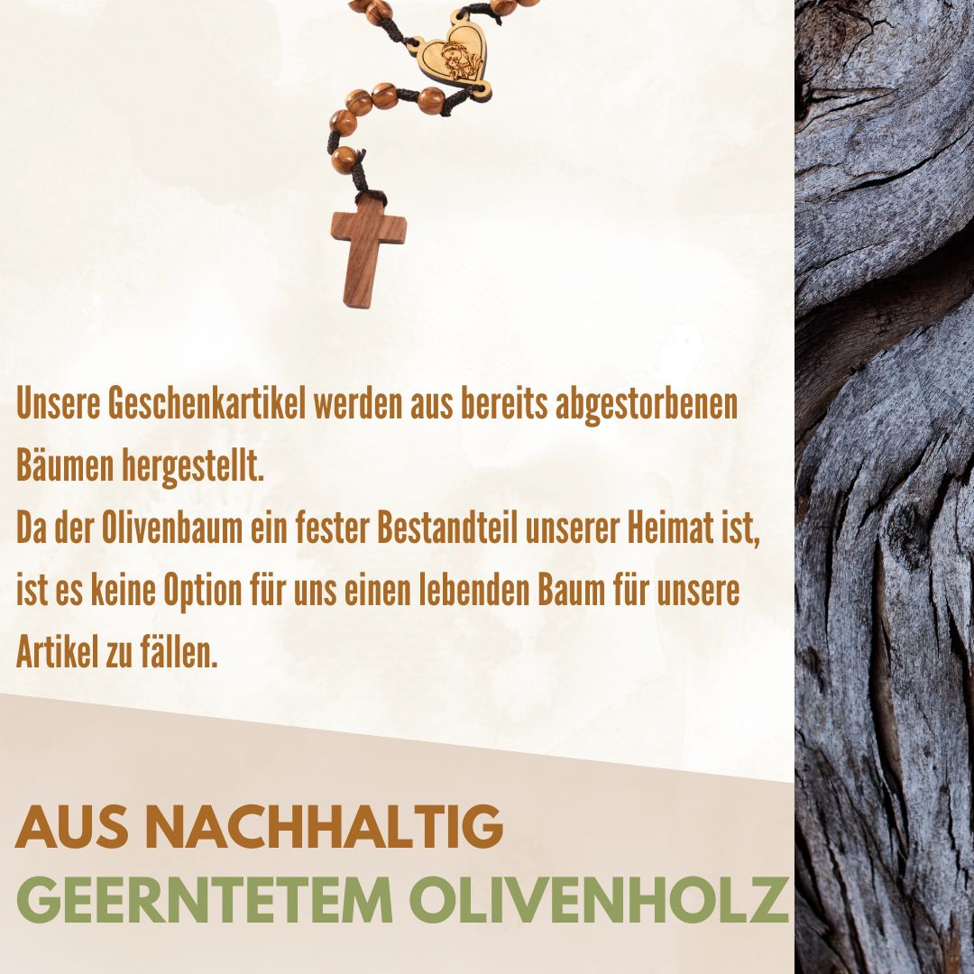 Rosenkranz aus Olivenholz mit Herz und Maria (42 cm) | Gebetskette als Geschenk zur Taufe, Kommunion & Firmung