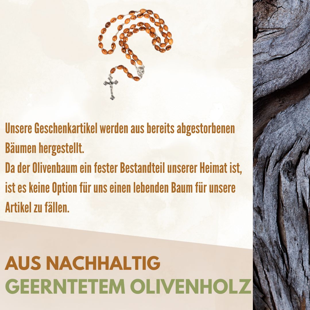 Rosenkranz mit ovalen Olivenholz-Perlen und Elementen aus Metall & Erde | Gebetskette mit Kreuz als Geschenk zur Taufe, Kommunion & Firmung