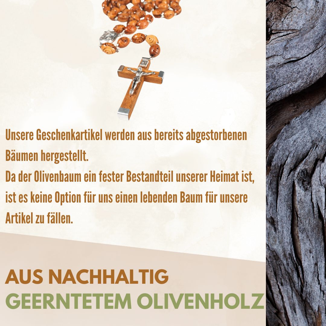 Rosenkranz aus Olivenholz mit verzierten Perlen (50 cm) | Gebetskette mit Kreuz als Geschenk zur Taufe, Kommunion & Firmung