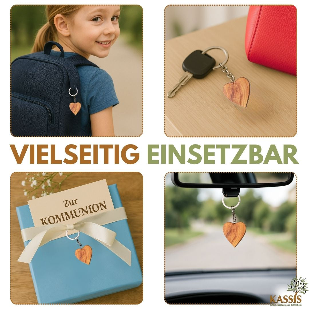 Personalisierter Schlüsselanhänger Herz aus Olivenholz mit Gravur | Geschenk Taufe, Kommunion, Liebe