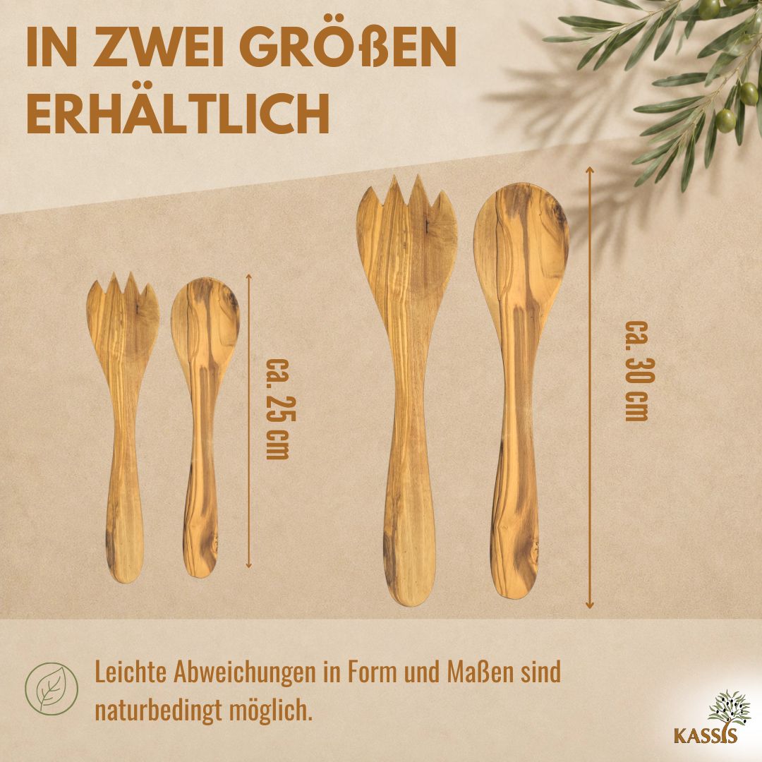 Salatbesteck aus Olivenholz 2-teilig | Salatlöffel & Salatgabel aus Holz Handgefertigtes Servierbesteck