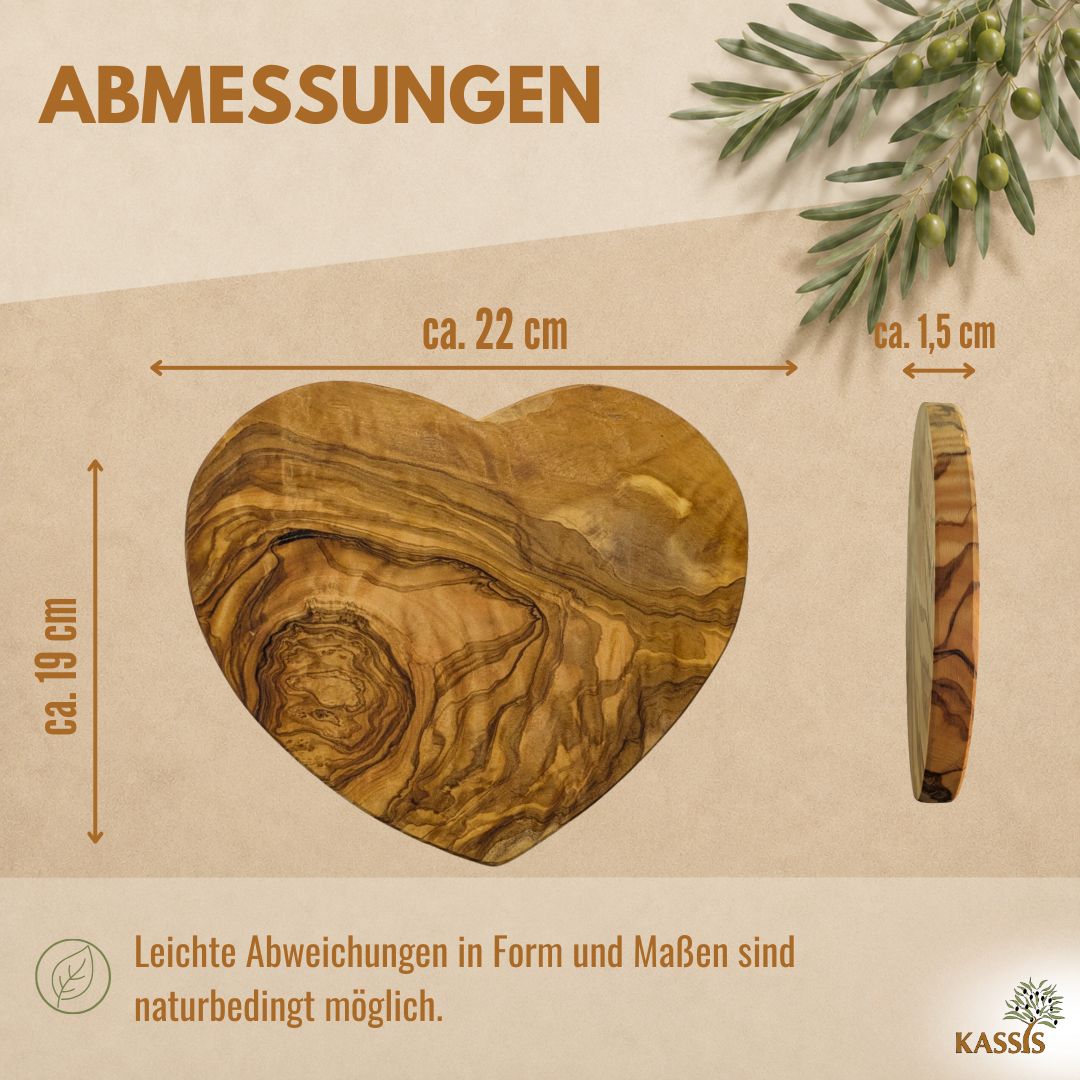Servierbrett Herz aus Olivenholz (22 × 19 cm) | Herzbrett & Schneidebrett aus Holz
