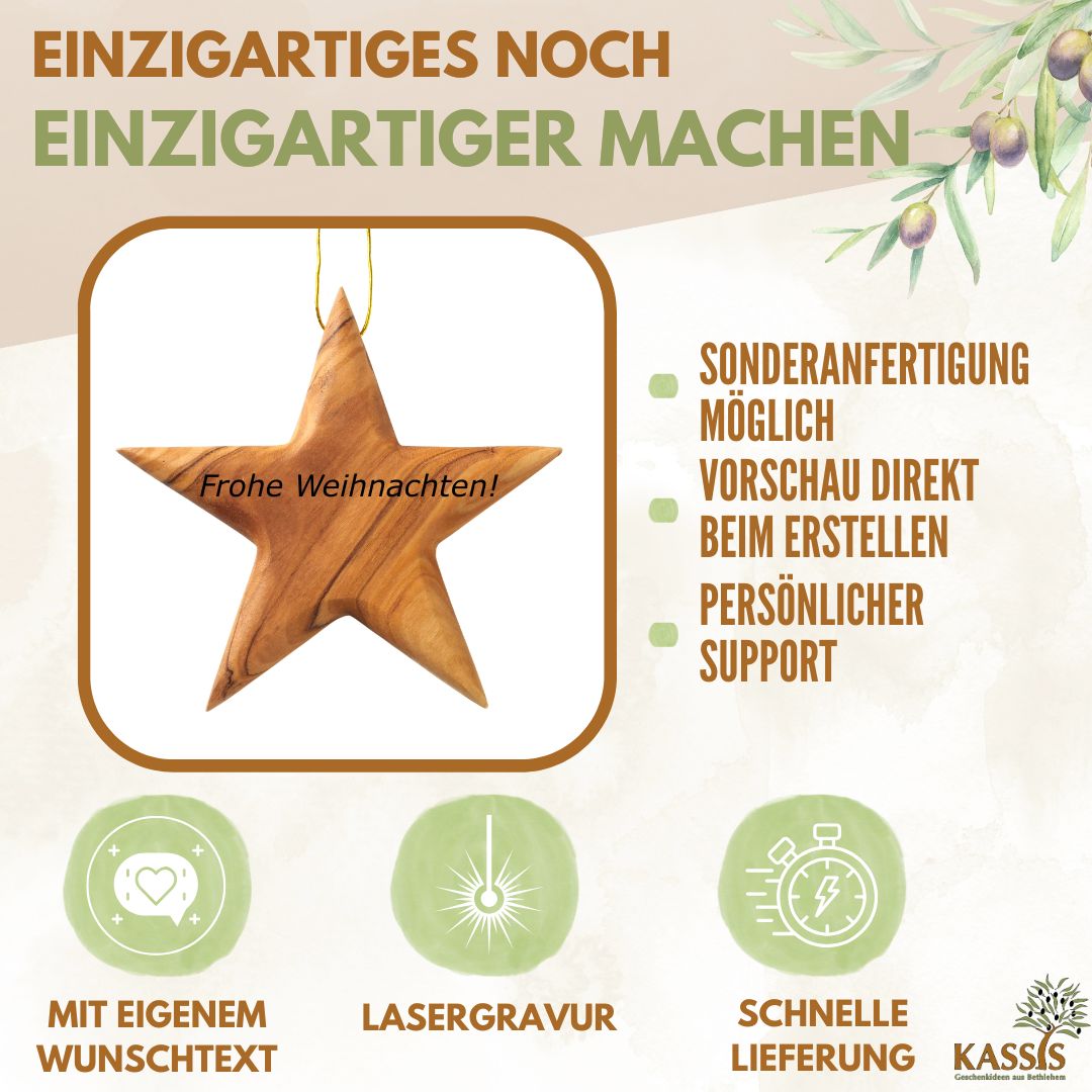 Personalisierter Stern Anhänger aus Olivenholz mit Gravur 8 cm | Baumschmuck & Weihnachtsdeko