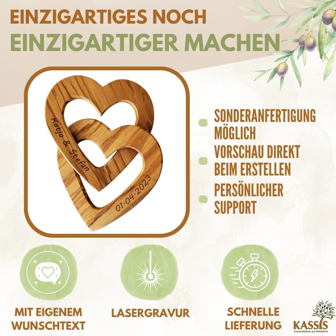 Personalisierte verbundene Herzen aus Olivenholz 15 cm mit Gravur | Geschenk zur Hochzeit, Valentinstag, Jubiläum