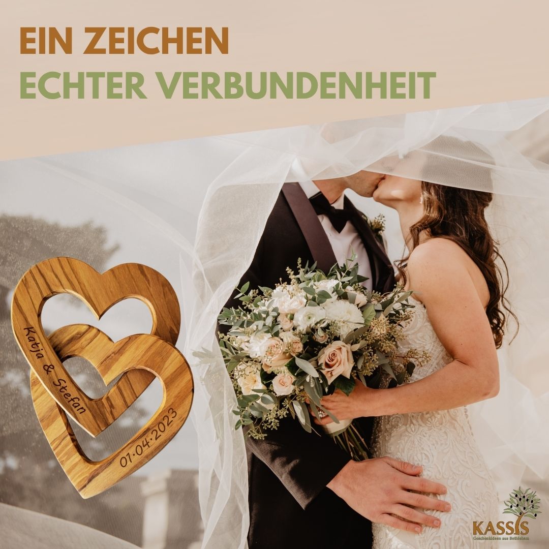 Personalisierte verbundene Herzen aus Olivenholz 15 cm mit Gravur | Geschenk zur Hochzeit, Valentinstag, Jubiläum
