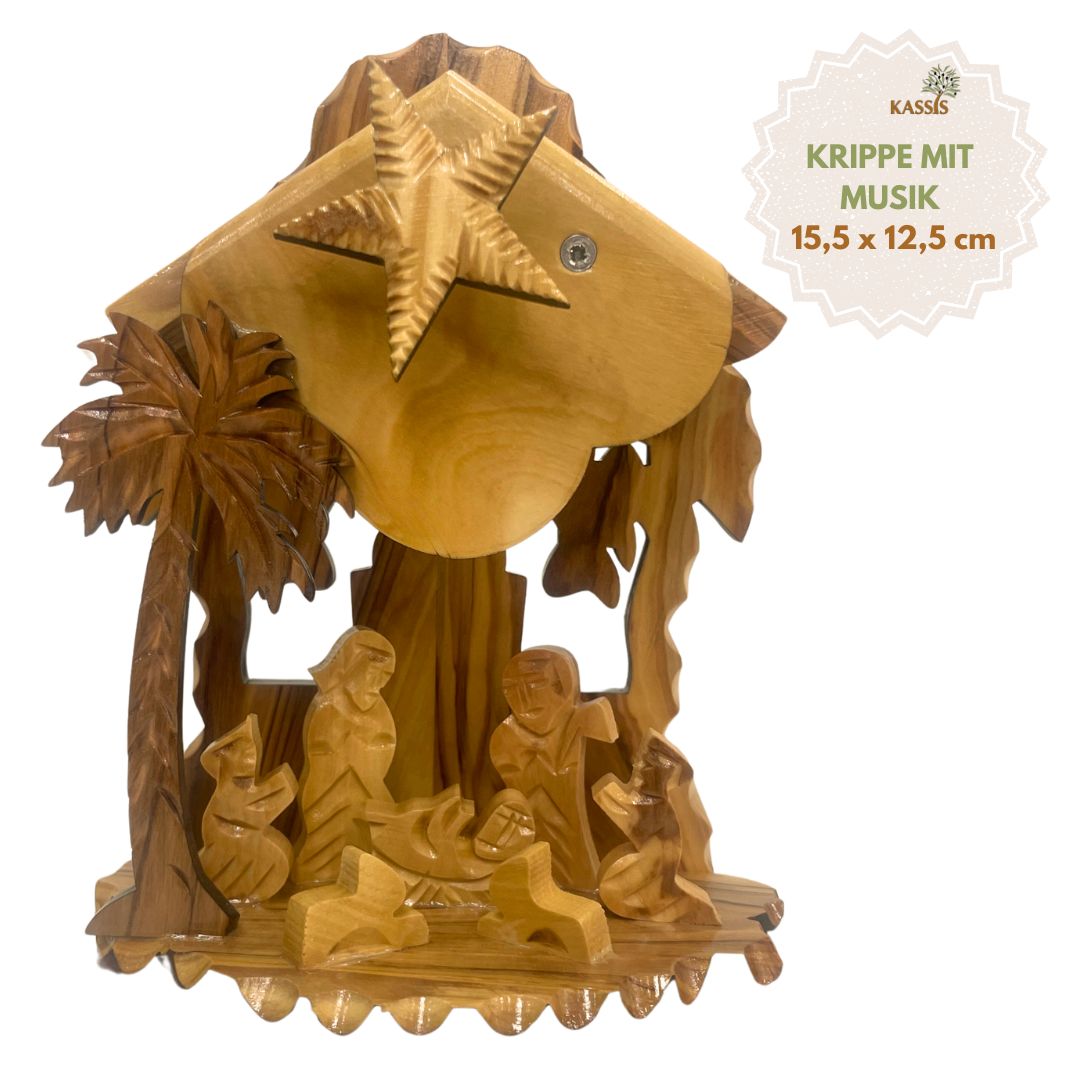 Weihnachtskrippe aus Olivenholz mit Aufziehmechanismus | Weihnachtsdeko & Geschenk für Advent und Weihnachten